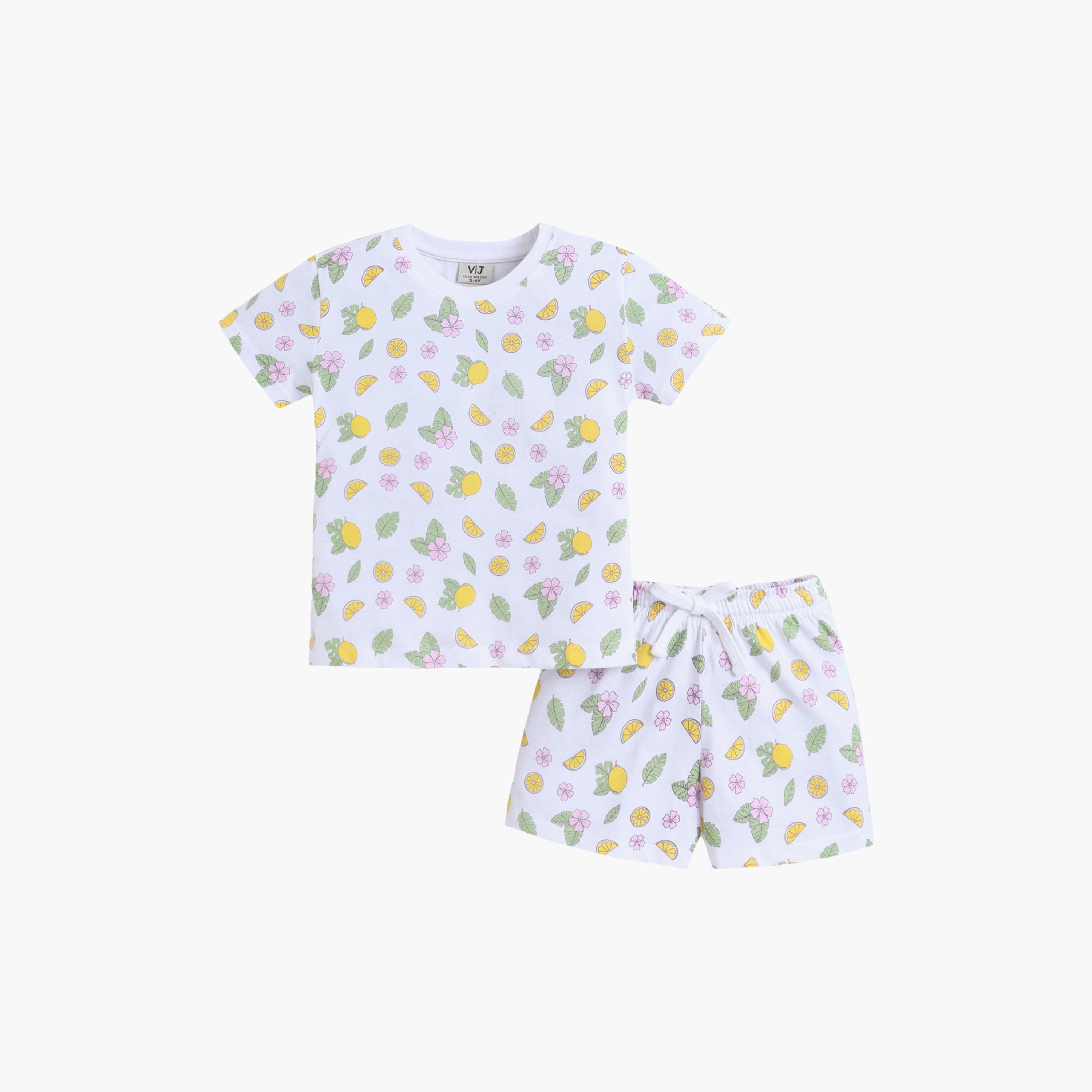 طقم تي شيرت قطني وشورت بطبعة ليمون من فيكتور آند جين-baby-girls-clothing-setsandcoords-image-2