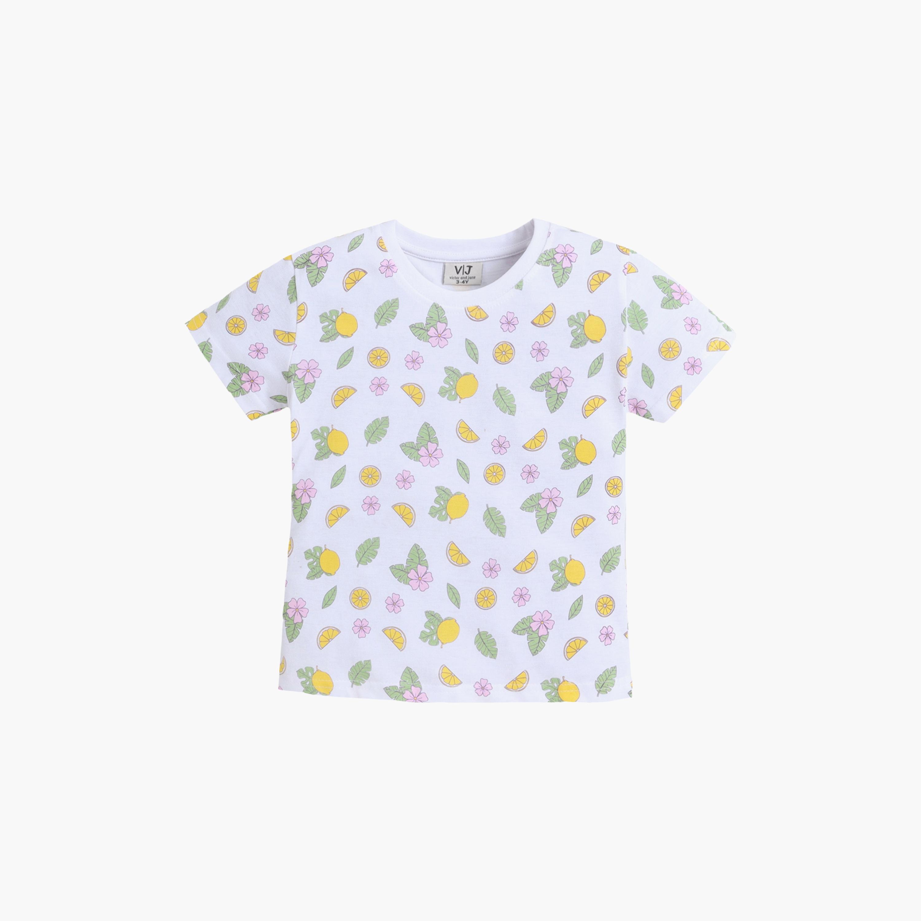 طقم تي شيرت قطني وشورت بطبعة ليمون من فيكتور آند جين-baby-girls-clothing-setsandcoords-image-3