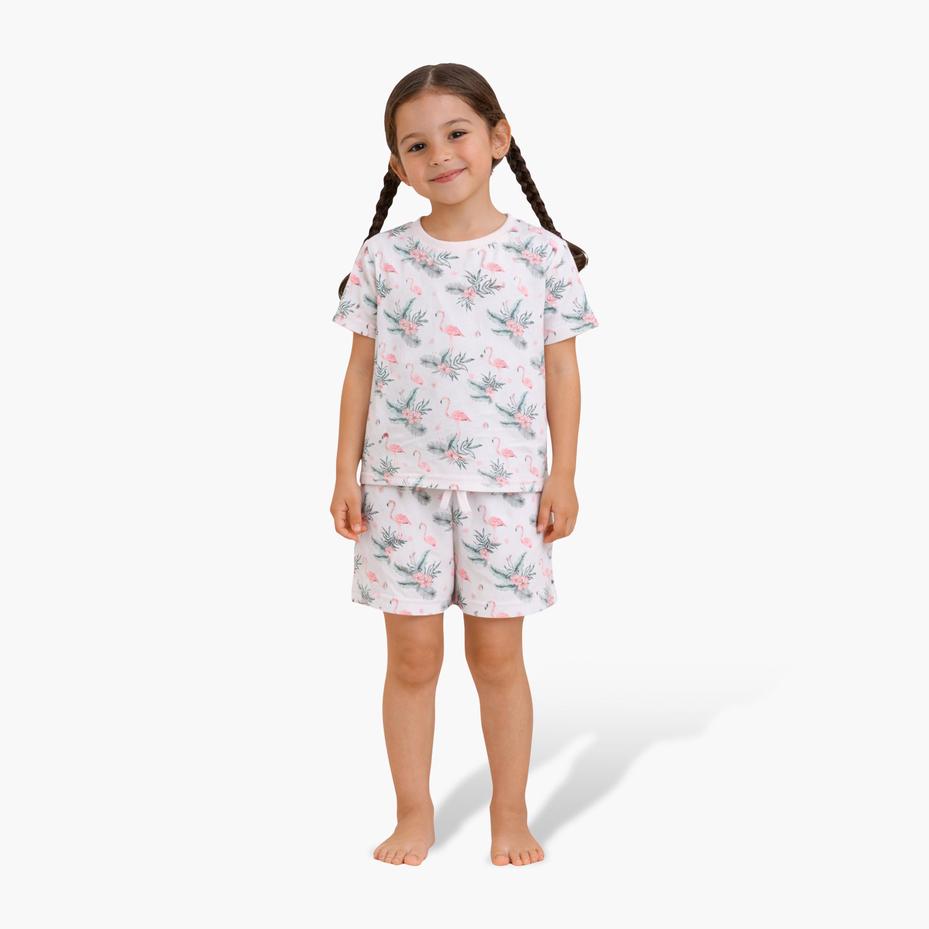 Victor and Jane Flamingo Printed Cotton T-Shirt & Shorts Set-baby-girls-clothing-setsandcoords-image-1