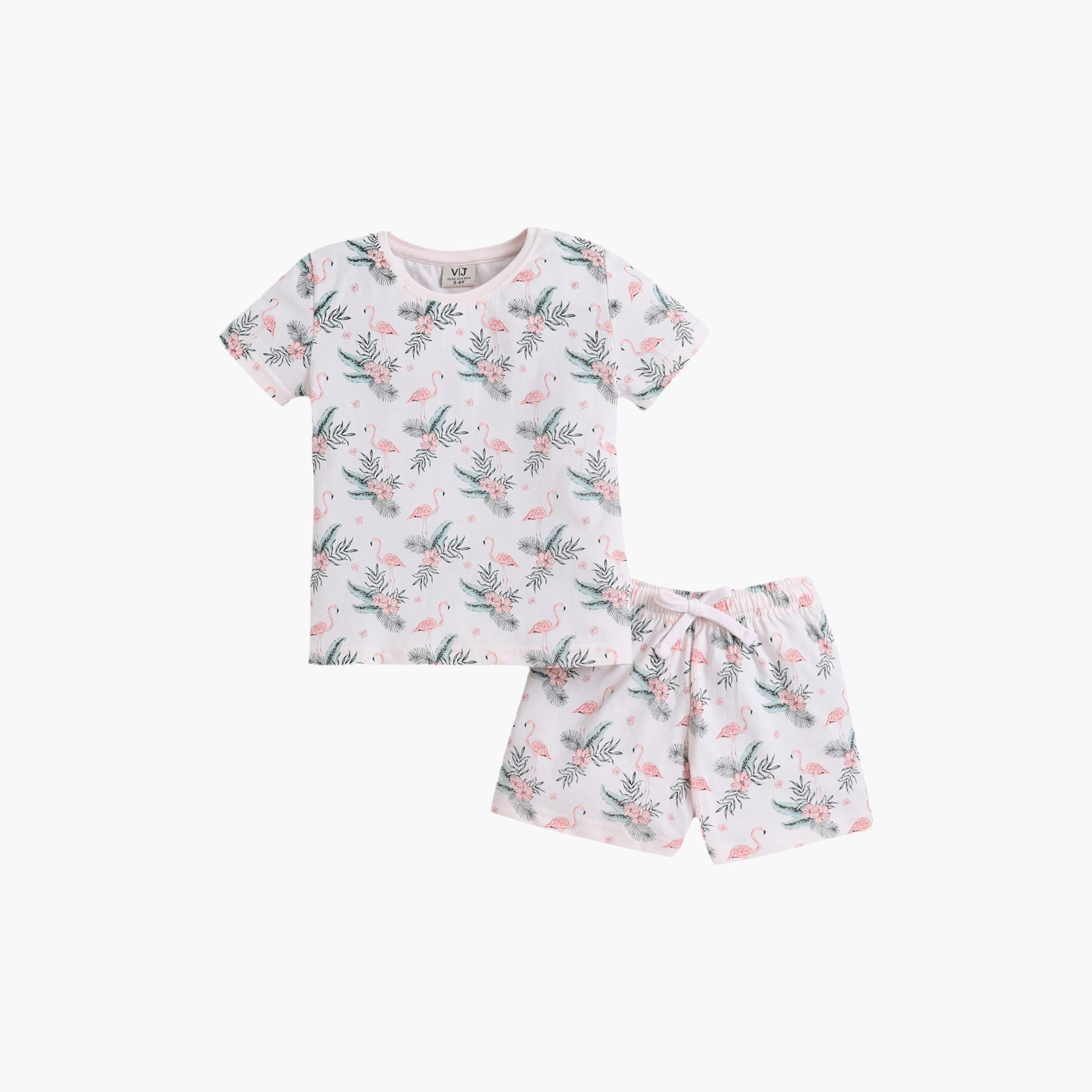 Victor and Jane Flamingo Printed Cotton T-Shirt & Shorts Set-baby-girls-clothing-setsandcoords-image-2