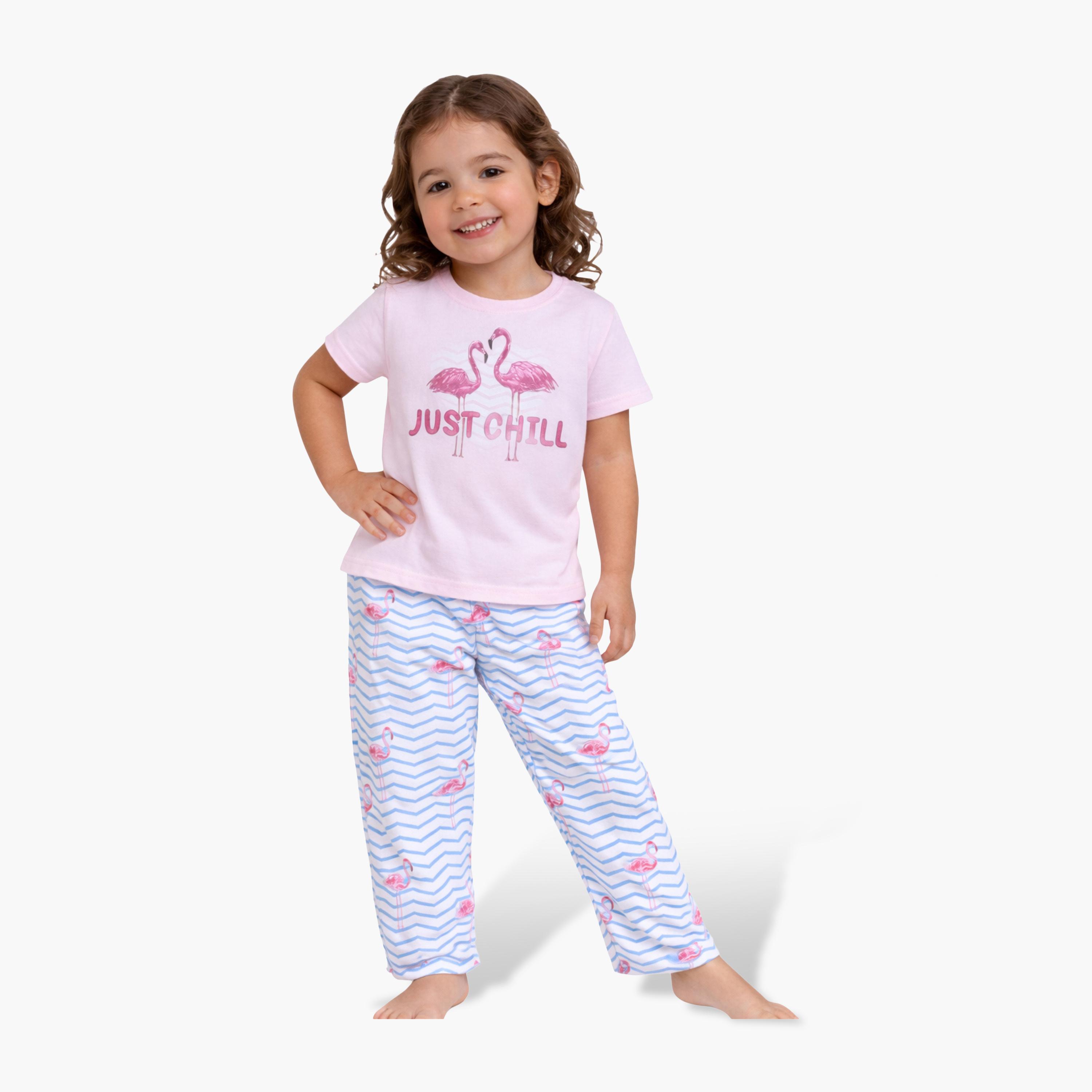 Victor and Jane Flamingo Printed Cotton T-Shirt & Pajama Set-girls-clothing-setsandcoords-image-1