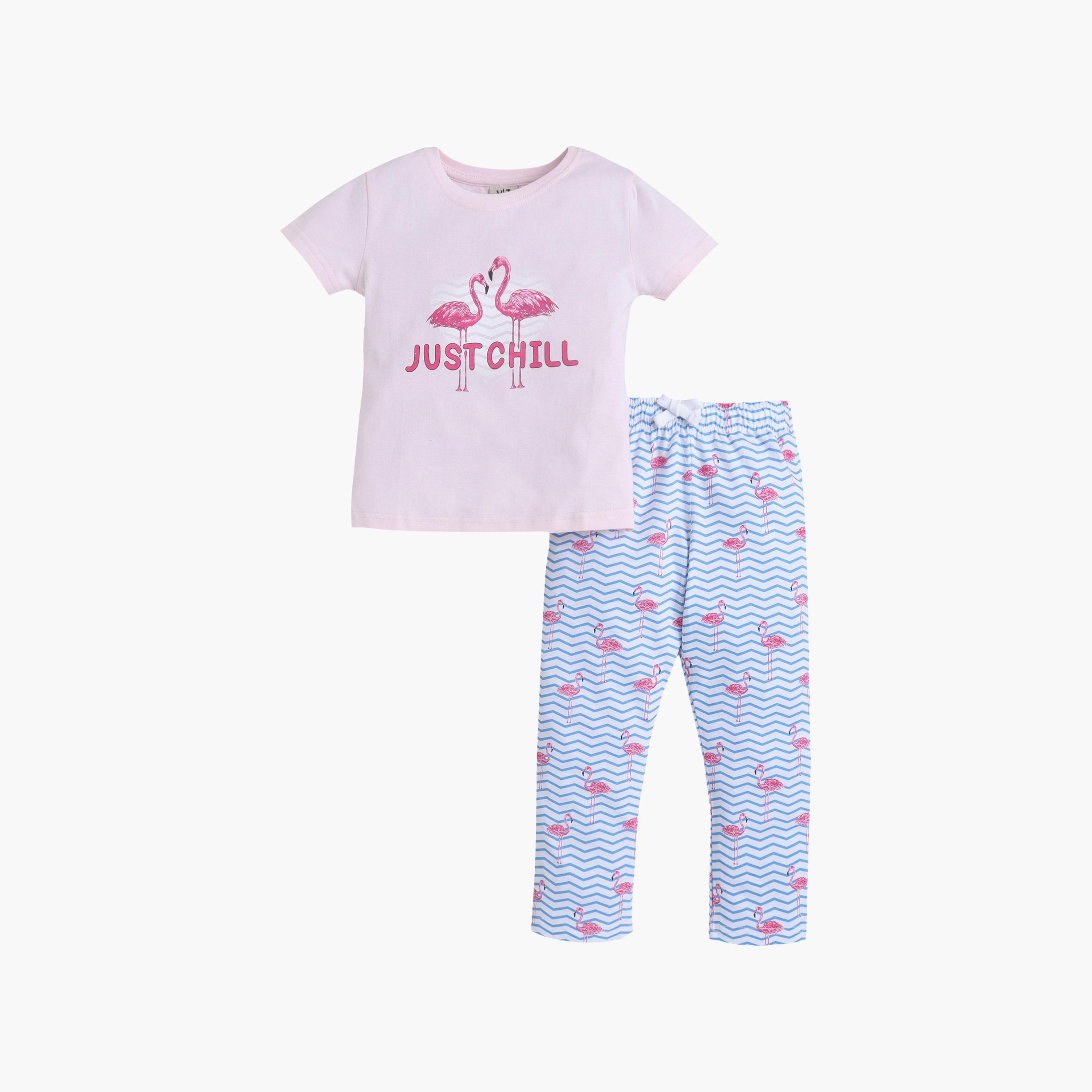 Victor and Jane Flamingo Printed Cotton T-Shirt & Pajama Set-girls-clothing-setsandcoords-image-2