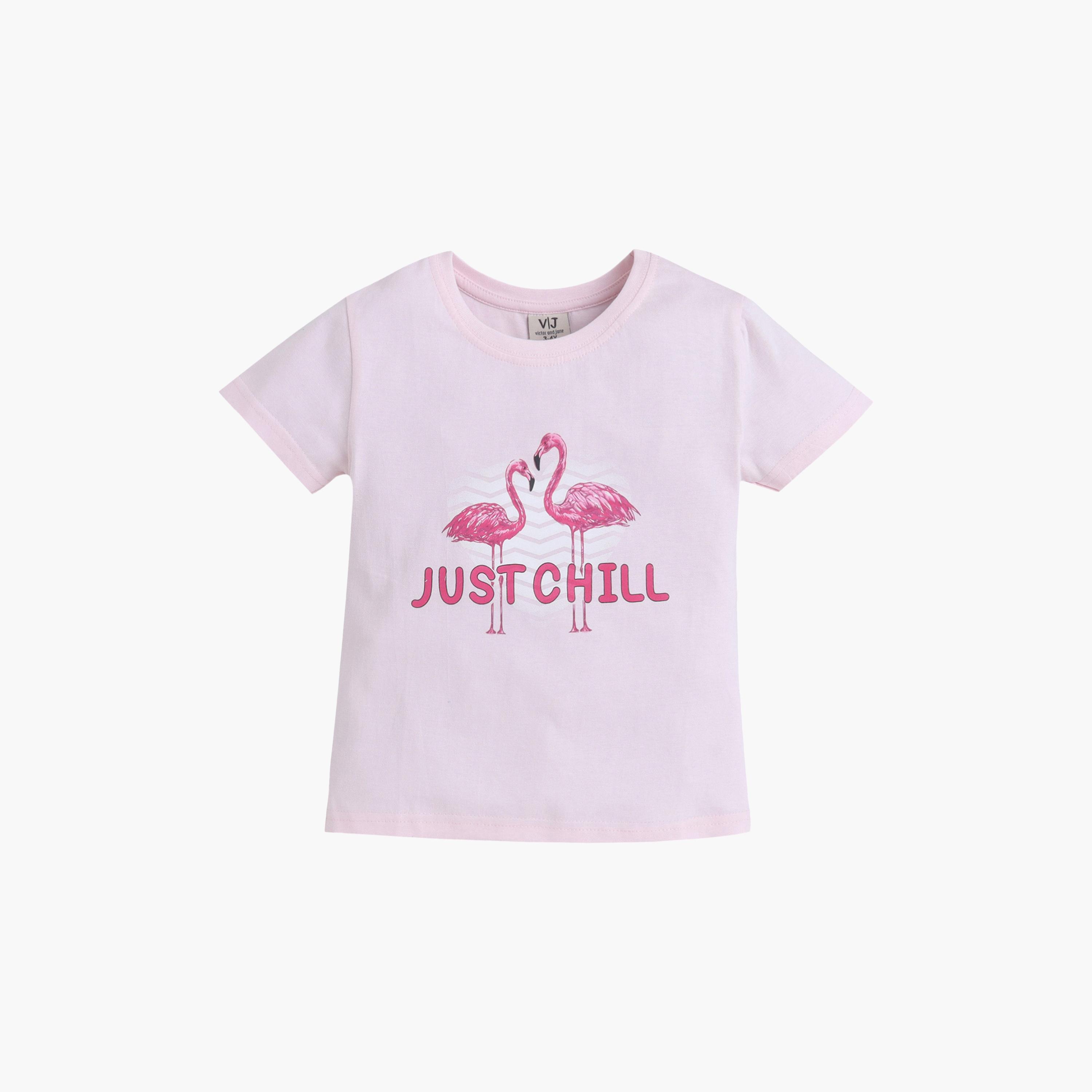 Victor and Jane Flamingo Printed Cotton T-Shirt & Pajama Set-girls-clothing-setsandcoords-image-3