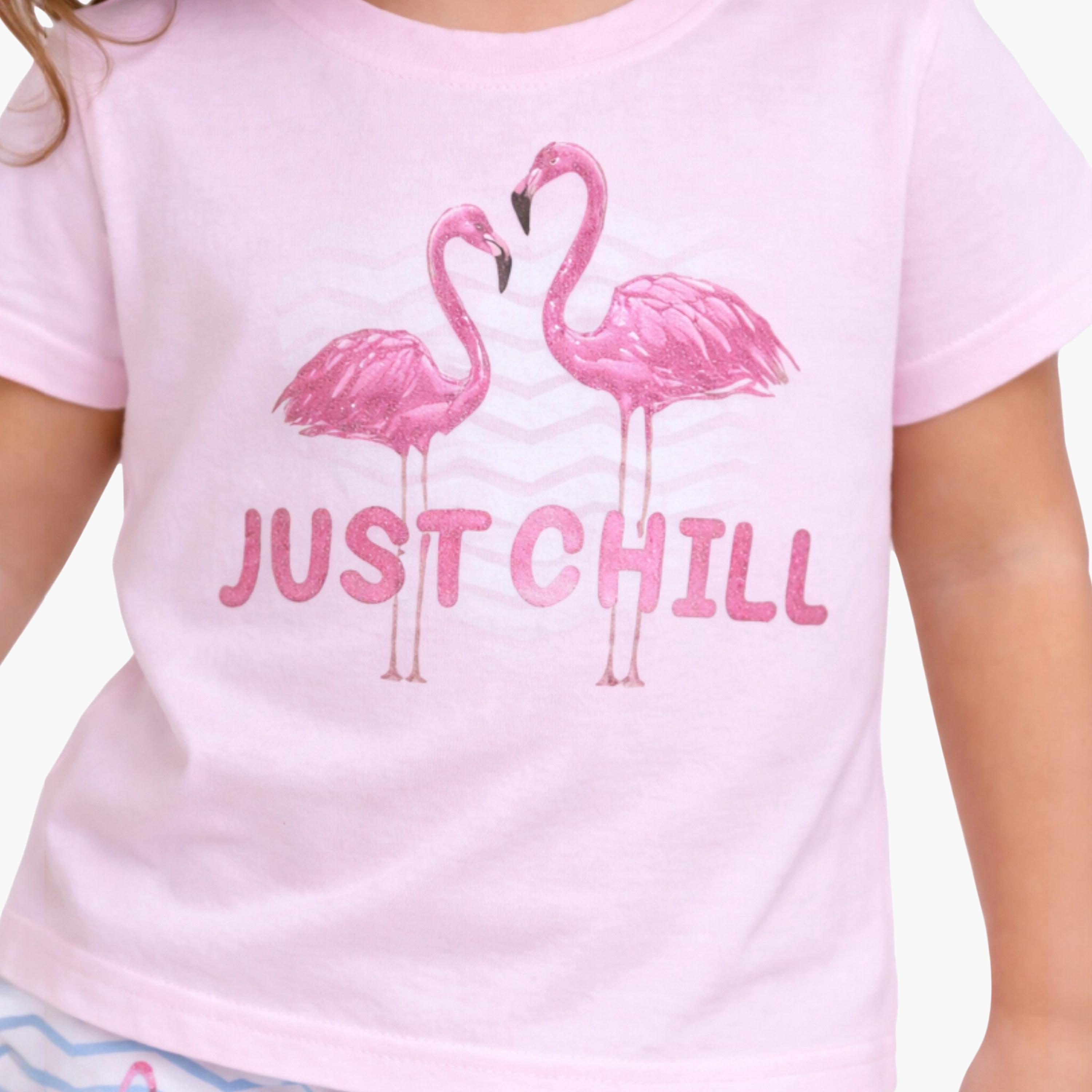 Victor and Jane Flamingo Printed Cotton T-Shirt & Pajama Set-girls-clothing-setsandcoords-image-5