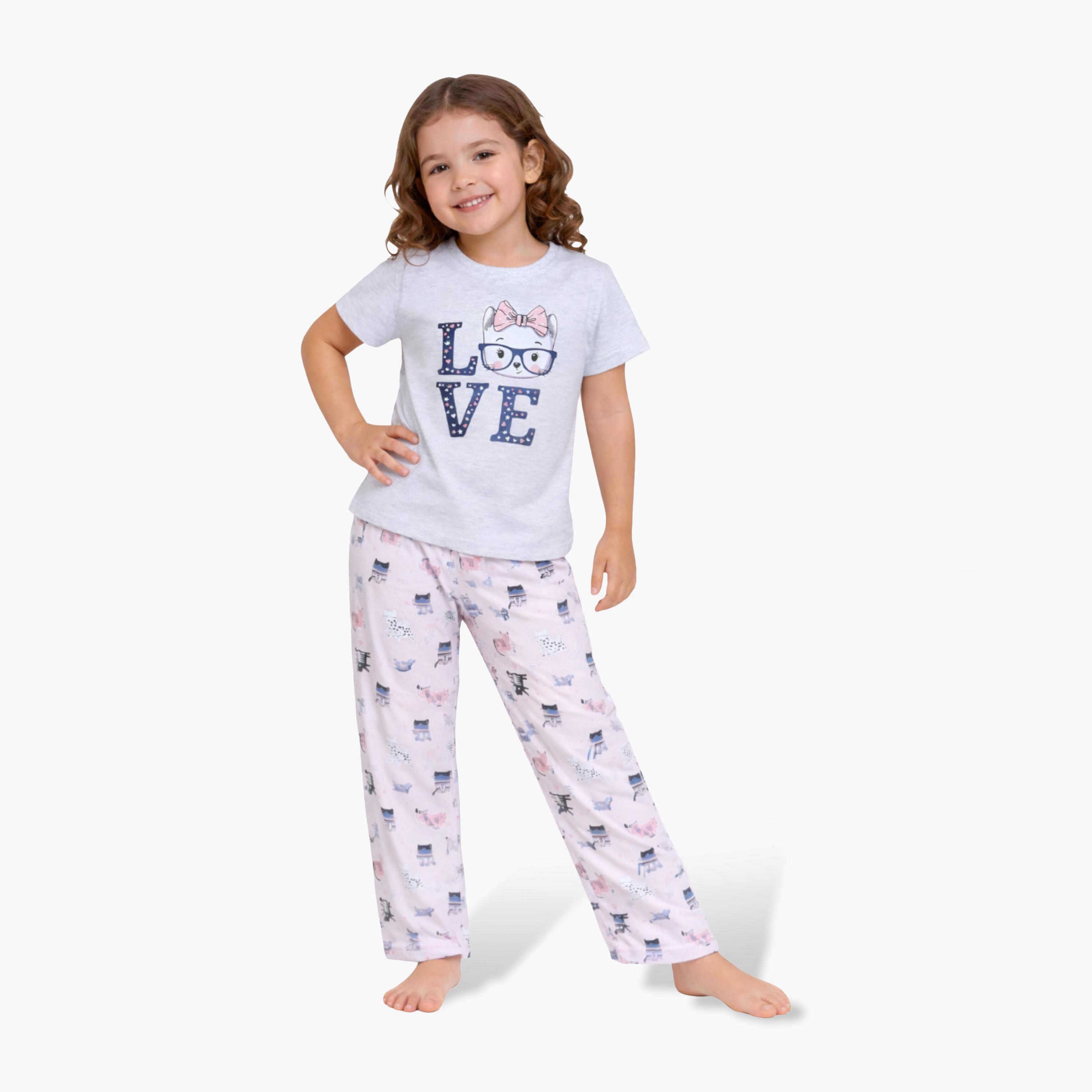 Victor and Jane LOVE Printed Cotton T-Shirt & Pajama Set-girls-clothing-setsandcoords-image-1