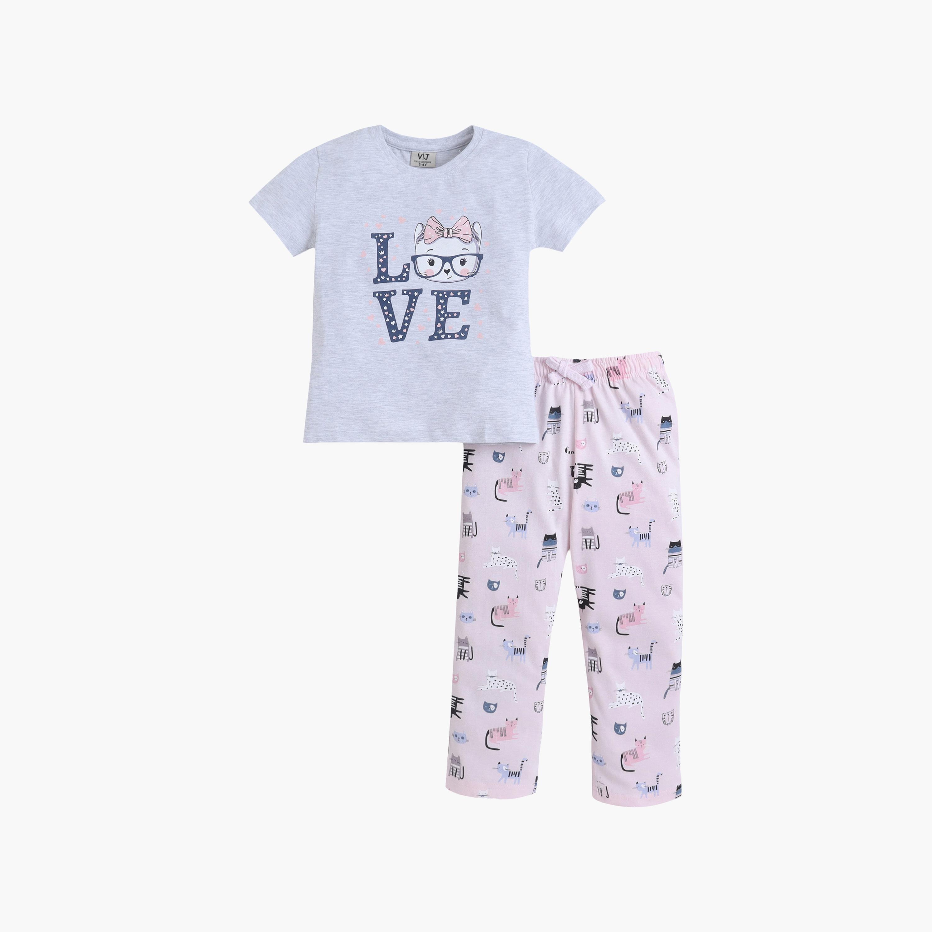 Victor and Jane LOVE Printed Cotton T-Shirt & Pajama Set-girls-clothing-setsandcoords-image-2