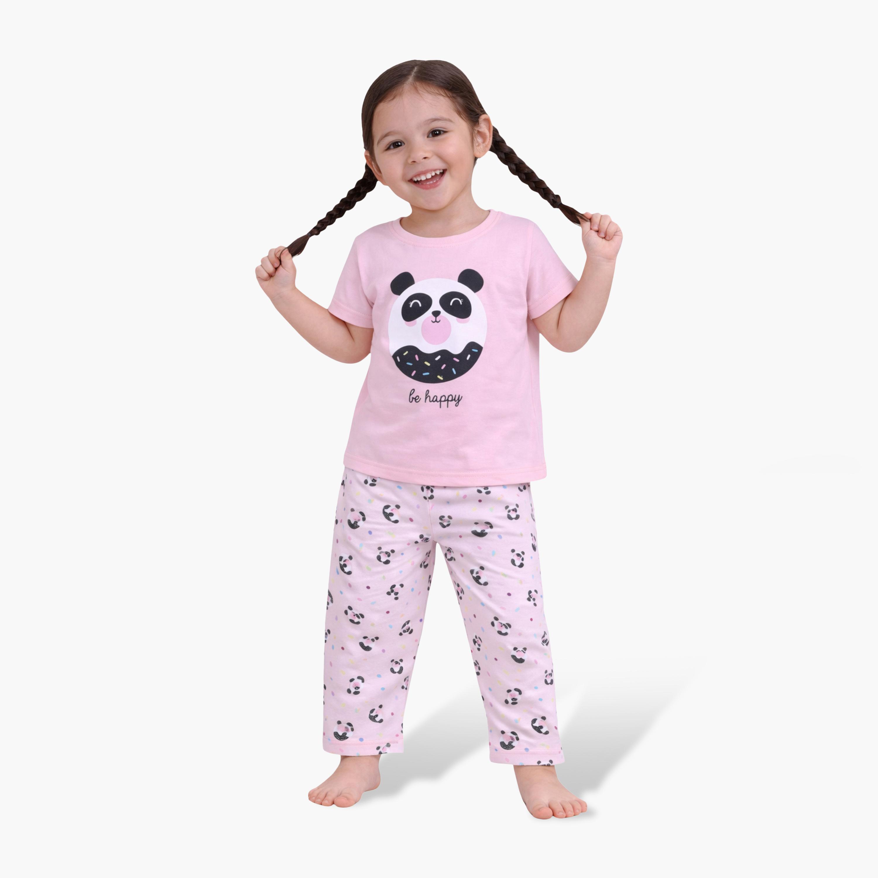 Victor and Jane Panda Printed Cotton T-Shirt & Pajama Set-girls-clothing-setsandcoords-image-1