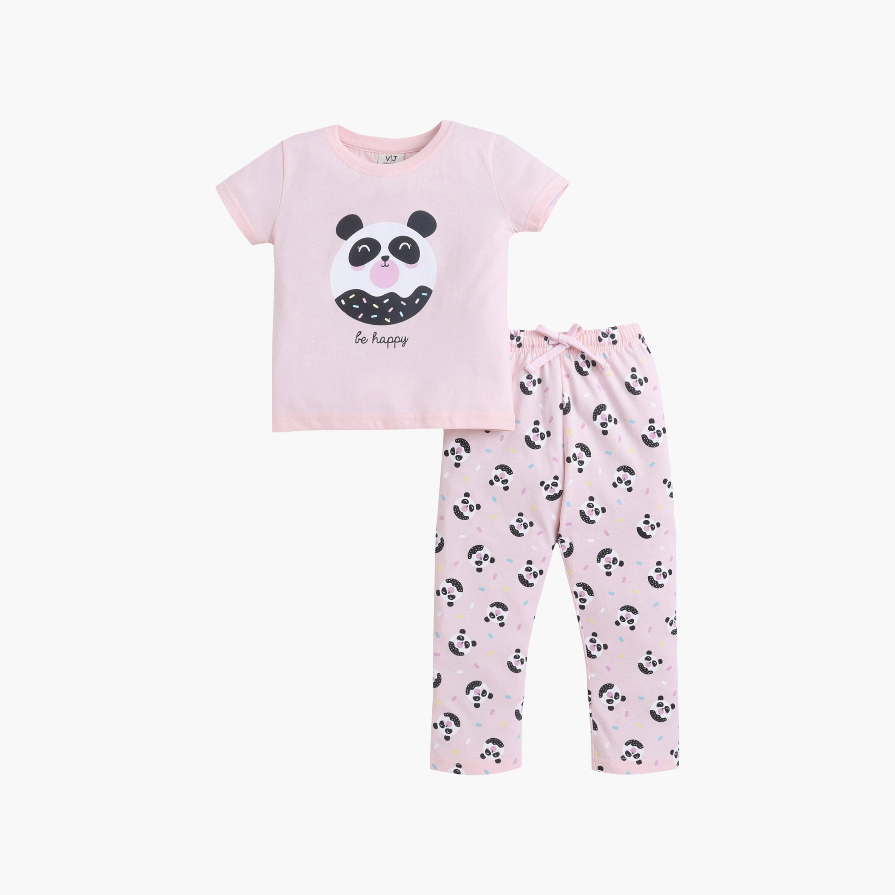 Victor and Jane Panda Printed Cotton T-Shirt & Pajama Set-girls-clothing-setsandcoords-image-2