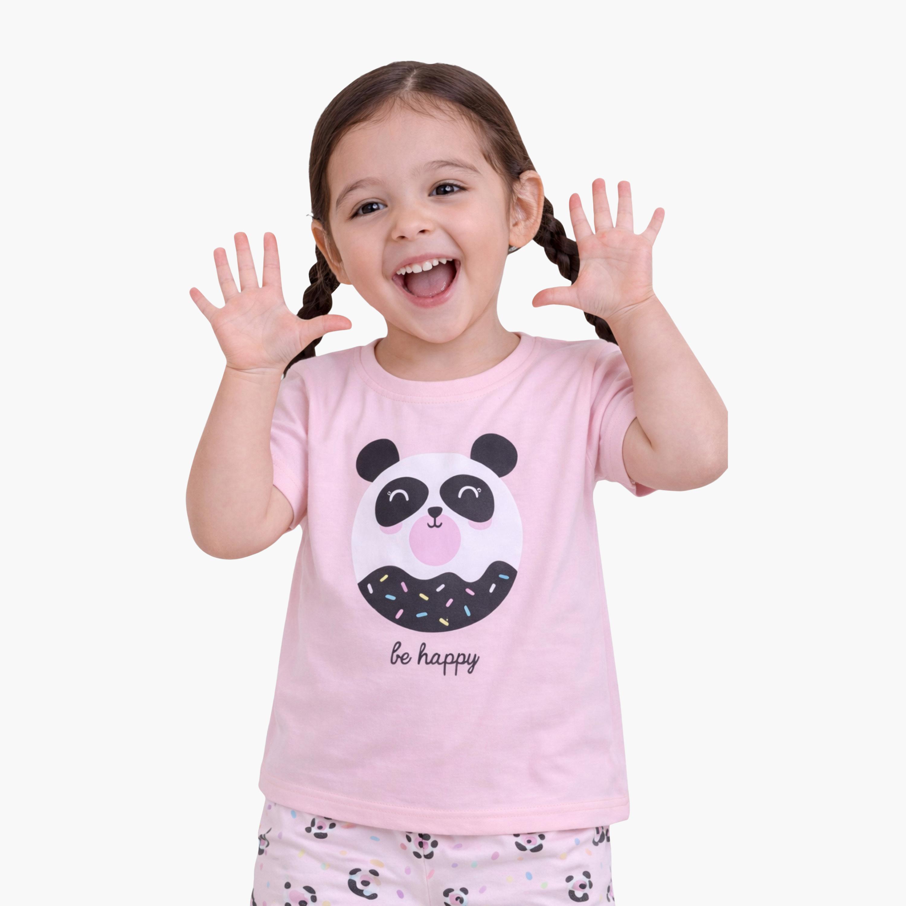 Victor and Jane Panda Printed Cotton T-Shirt & Pajama Set-girls-clothing-setsandcoords-image-5