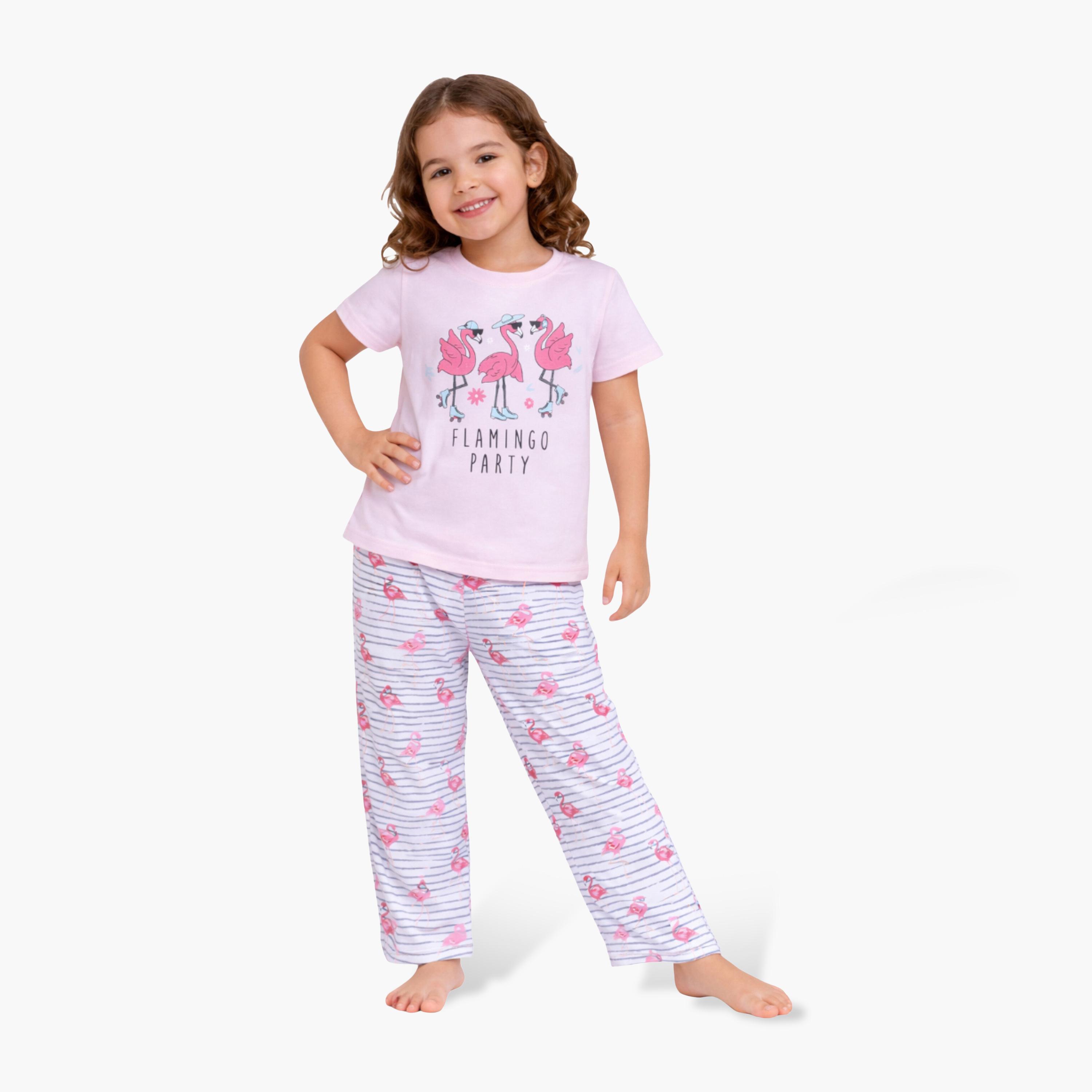 Victor and Jane Flamingo Printed Cotton T-Shirt & Pajama Set-girls-clothing-setsandcoords-image-1