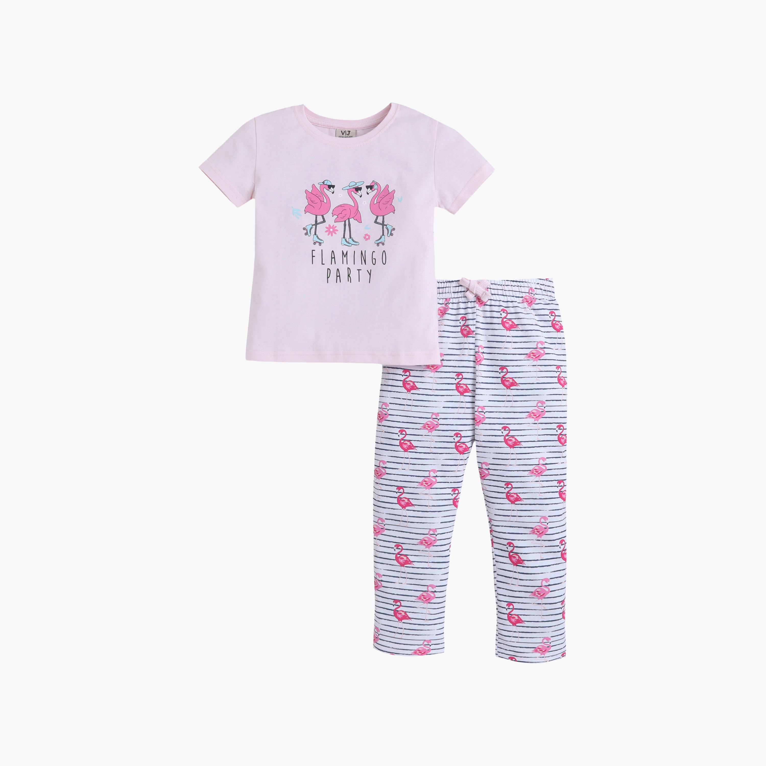 Victor and Jane Flamingo Printed Cotton T-Shirt & Pajama Set-girls-clothing-setsandcoords-image-2