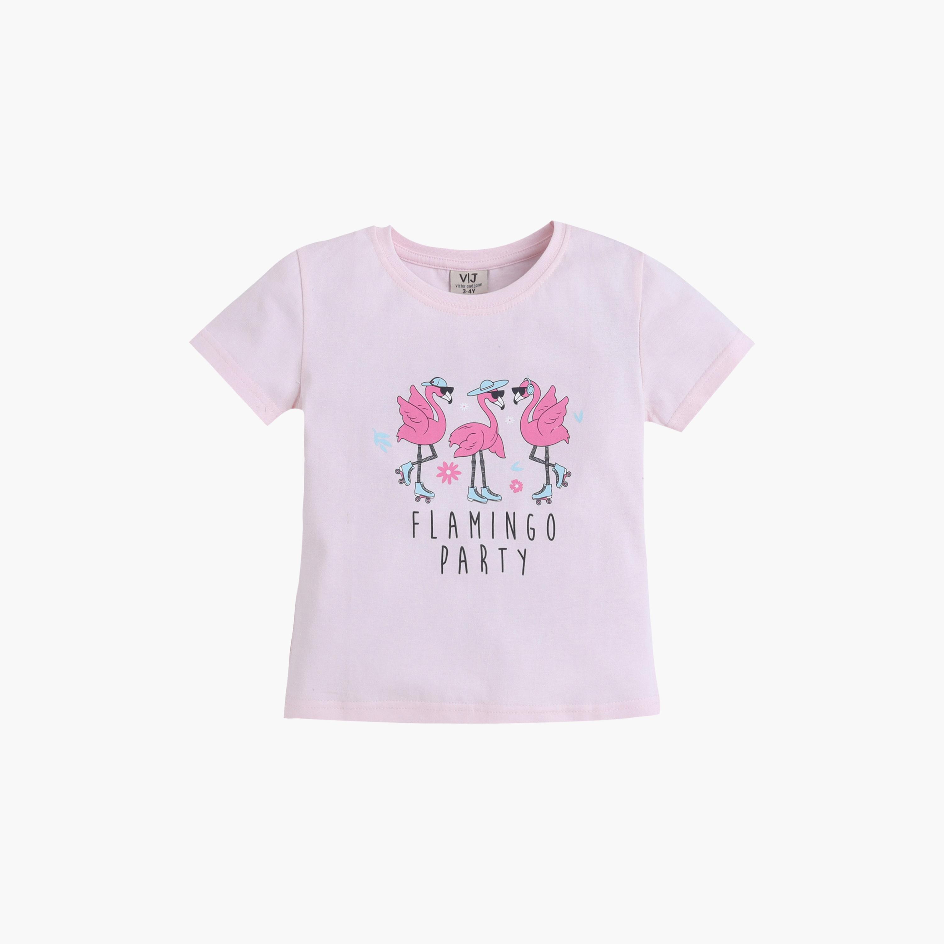 Victor and Jane Flamingo Printed Cotton T-Shirt & Pajama Set-girls-clothing-setsandcoords-image-3