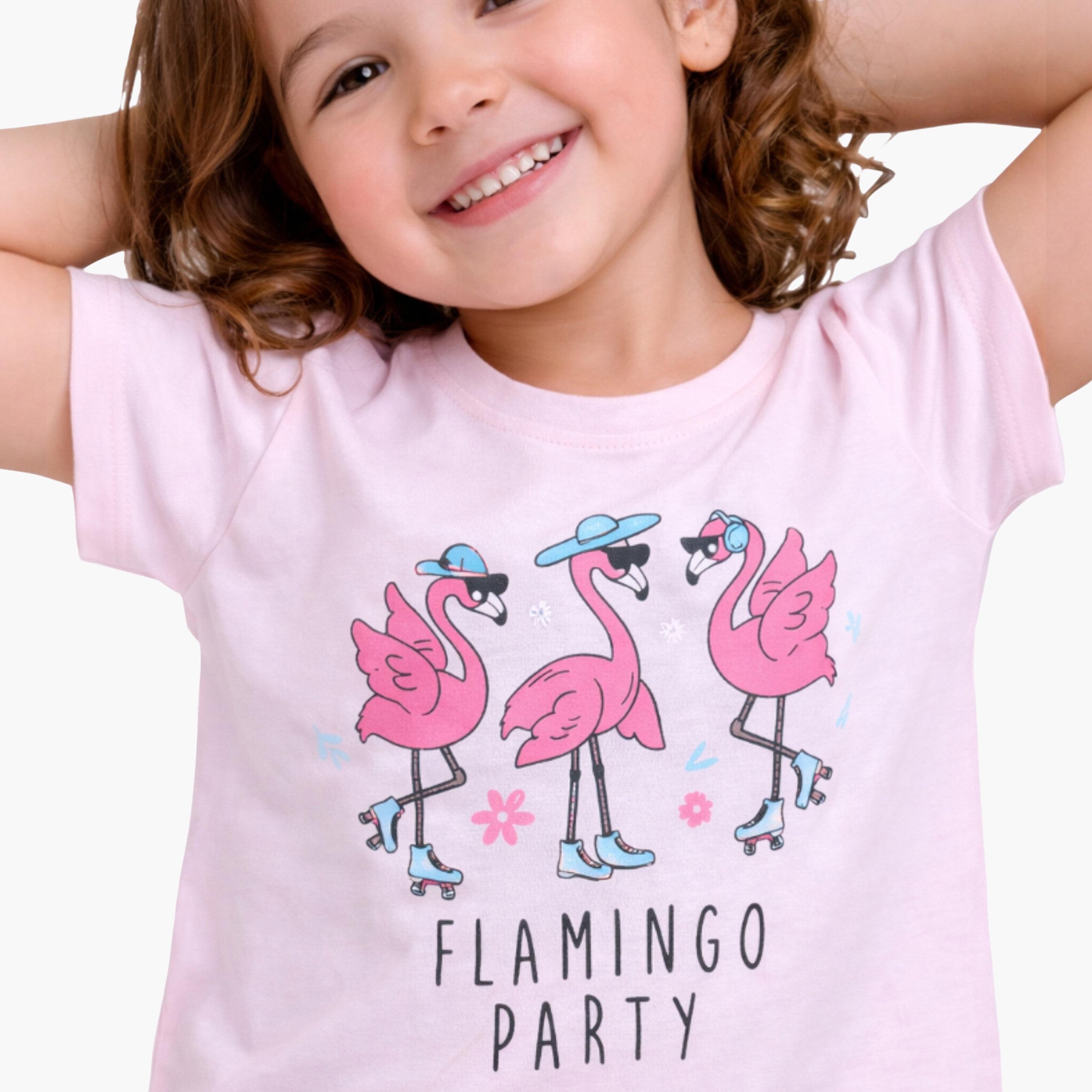 Victor and Jane Flamingo Printed Cotton T-Shirt & Pajama Set-girls-clothing-setsandcoords-image-5