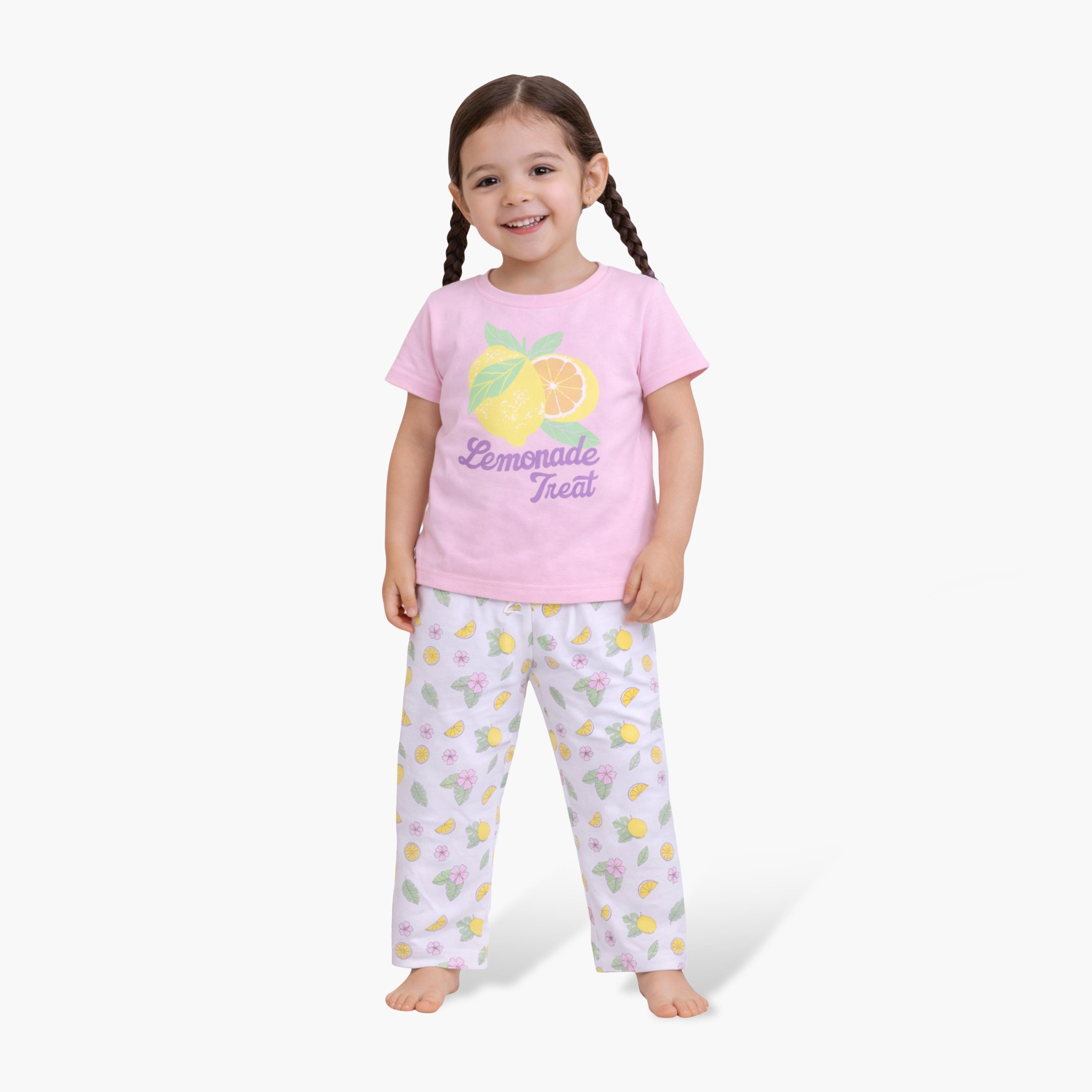 Victor and Jane Lemon Printed Cotton T-Shirt & Pajama Set-girls-clothing-setsandcoords-image-1