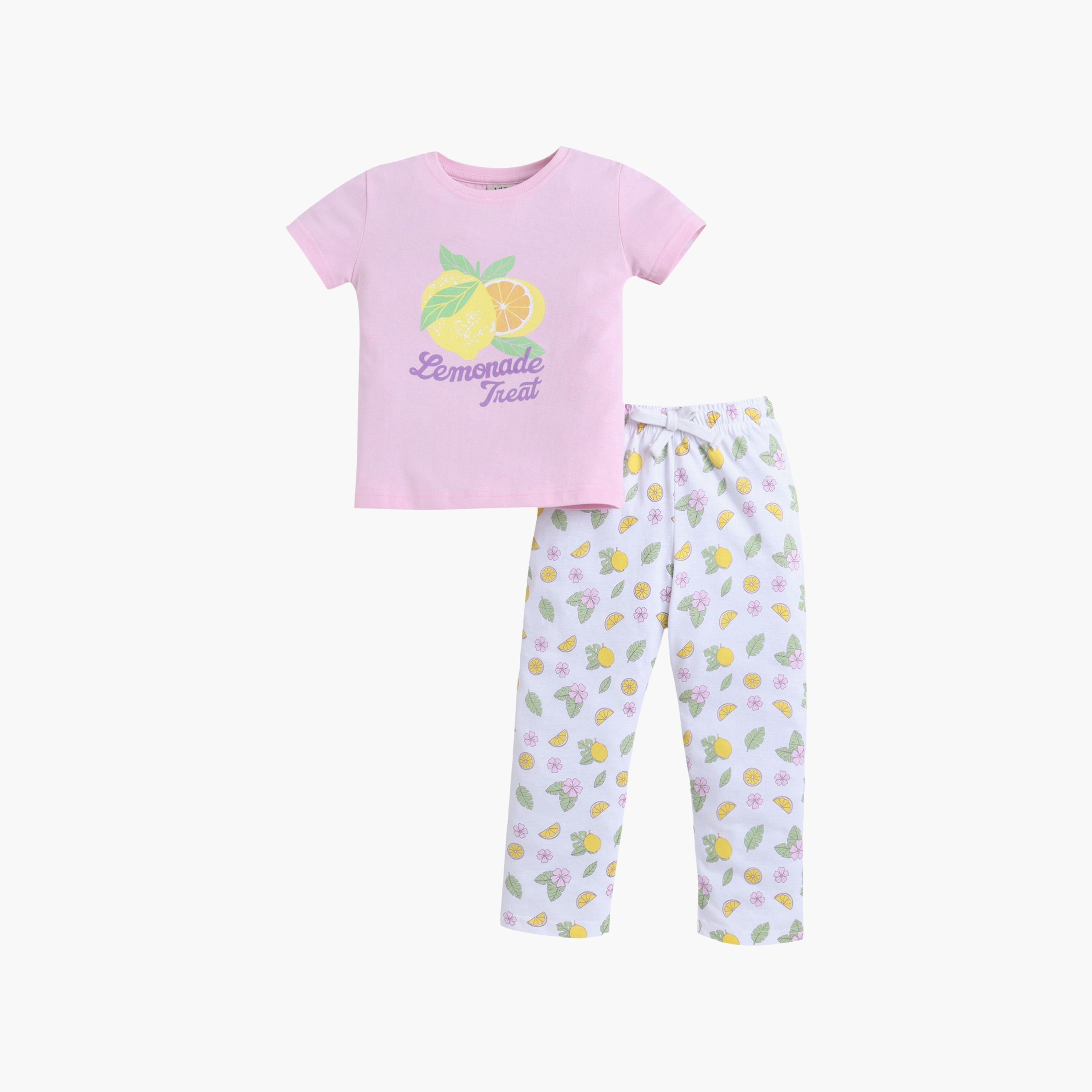 Victor and Jane Lemon Printed Cotton T-Shirt & Pajama Set-girls-clothing-setsandcoords-image-2