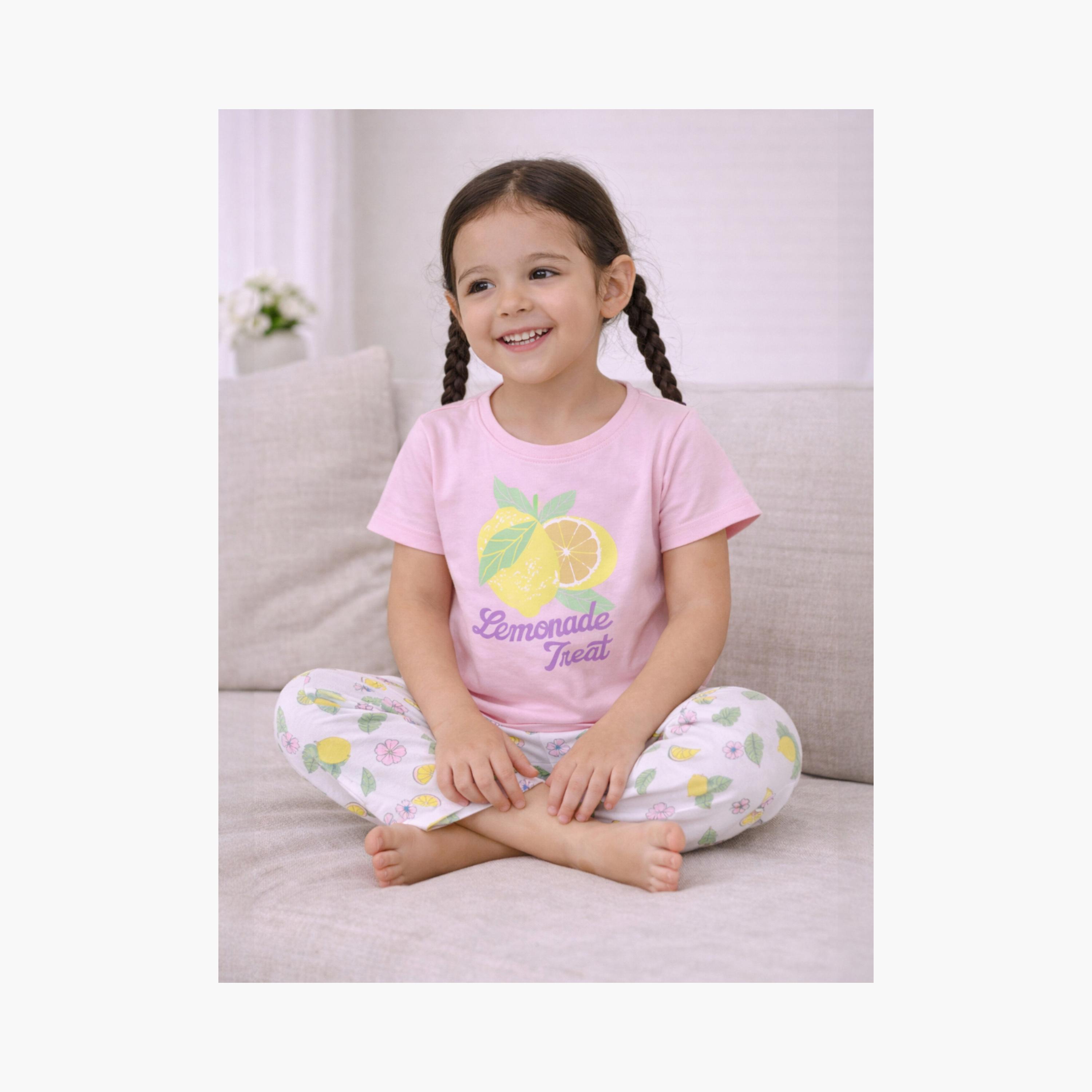 Victor and Jane Lemon Printed Cotton T-Shirt & Pajama Set-girls-clothing-setsandcoords-image-5