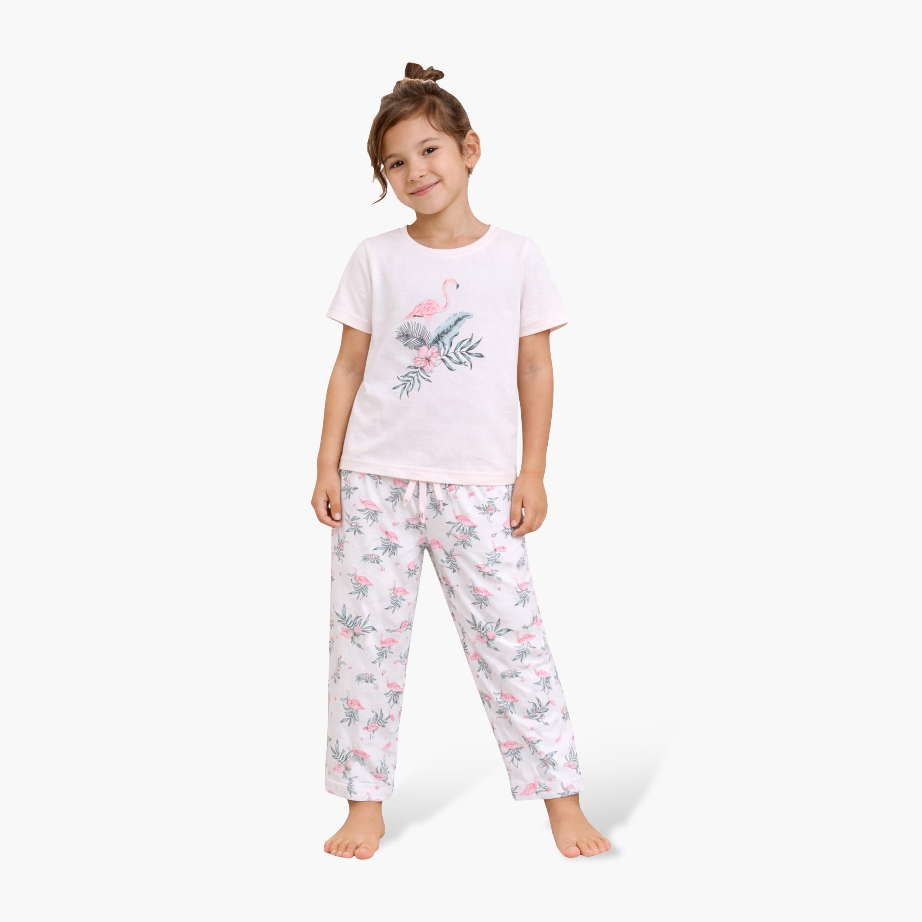 Victor and Jane Flamingo Printed Cotton T-Shirt & Pajama Set-baby-girls-clothing-setsandcoords-image-1