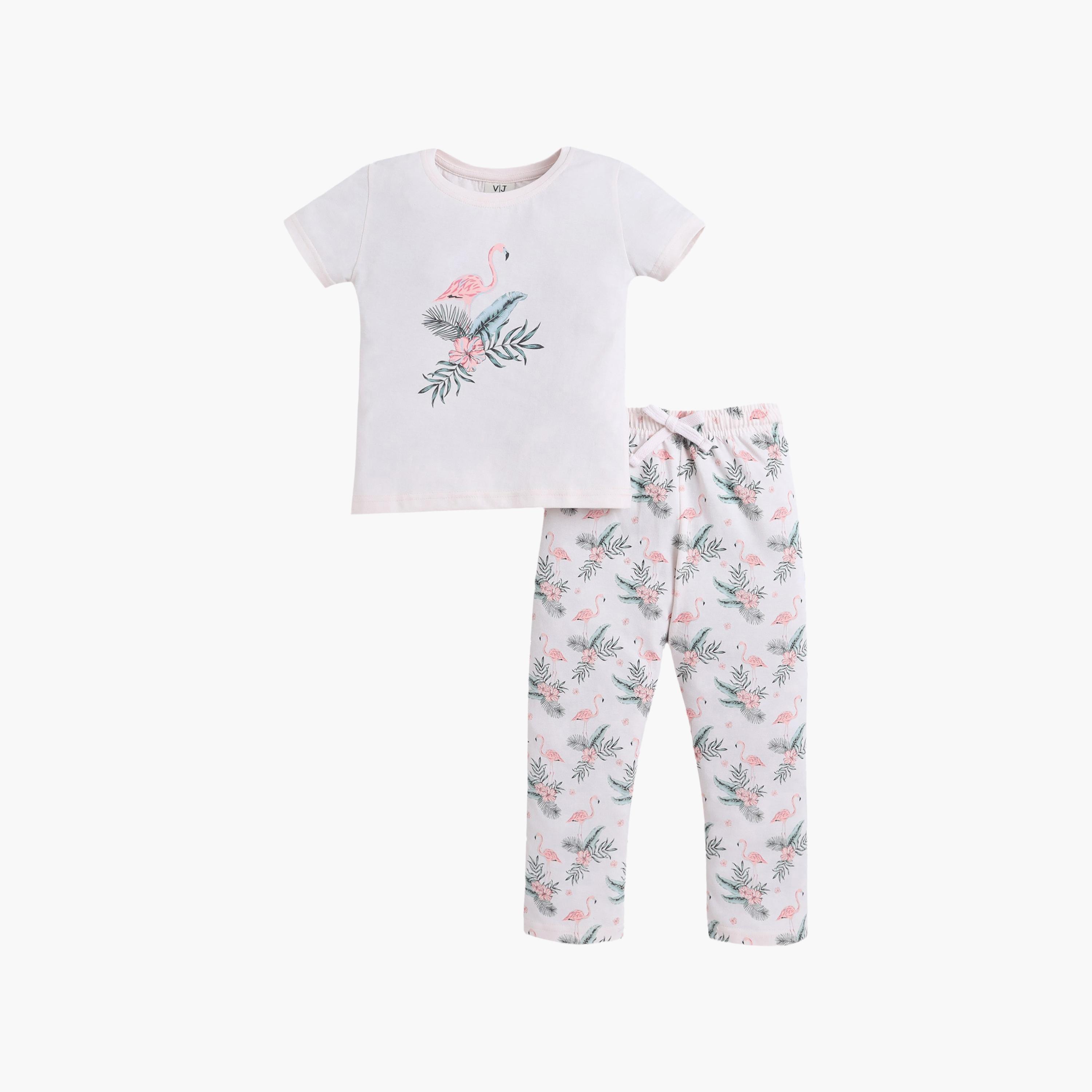 Victor and Jane Flamingo Printed Cotton T-Shirt & Pajama Set-baby-girls-clothing-setsandcoords-image-2