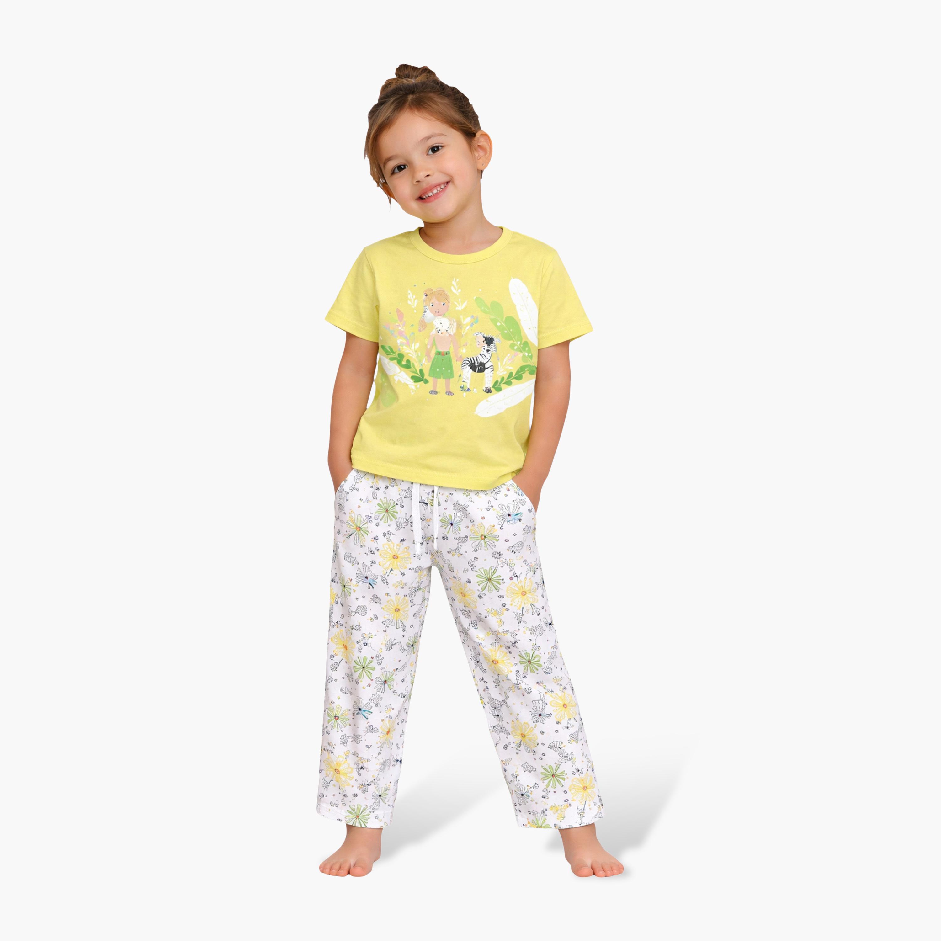 Victor and Jane Nature Printed Cotton T-Shirt & Pajama Set-girls-clothing-setsandcoords-image-1