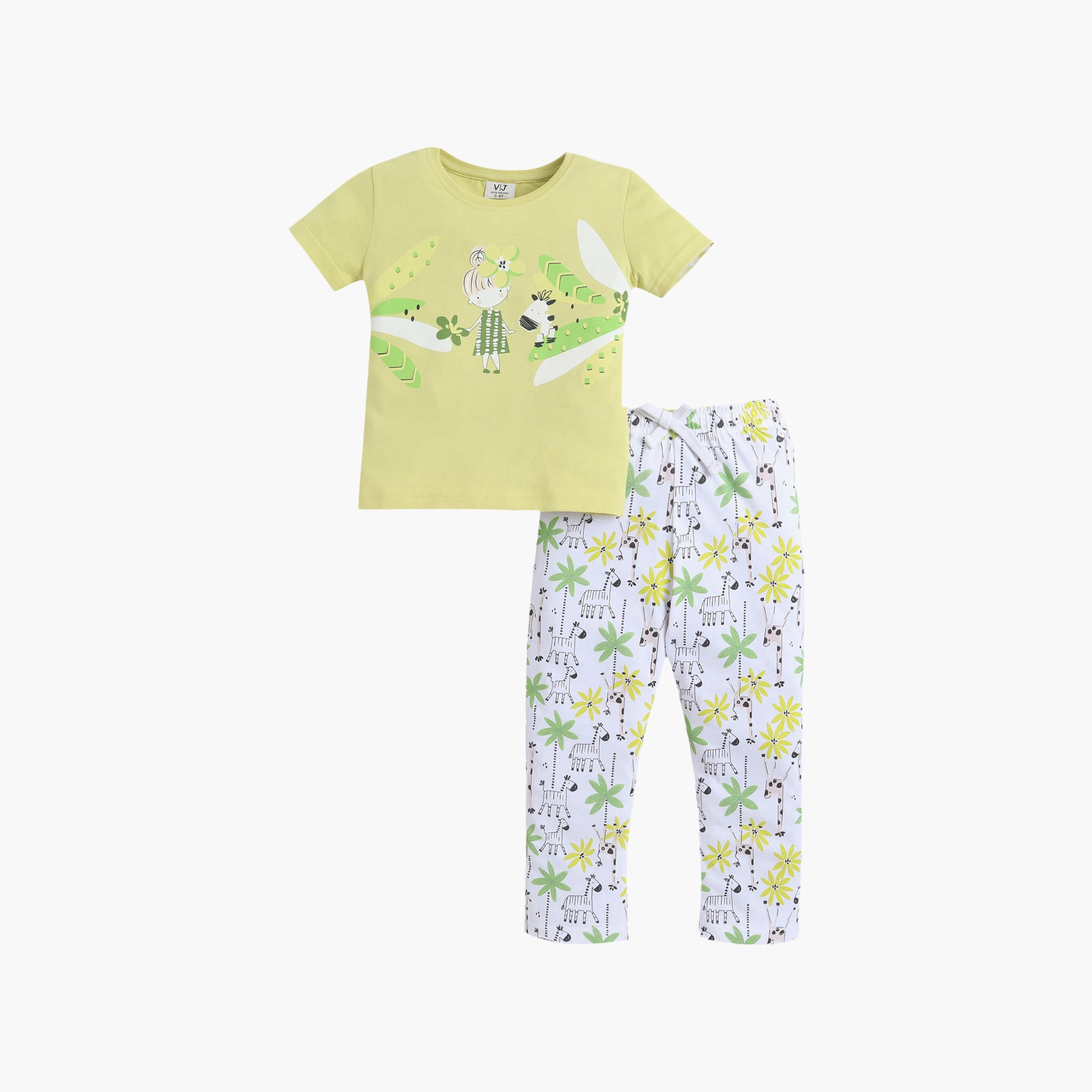 Victor and Jane Nature Printed Cotton T-Shirt & Pajama Set-girls-clothing-setsandcoords-image-2