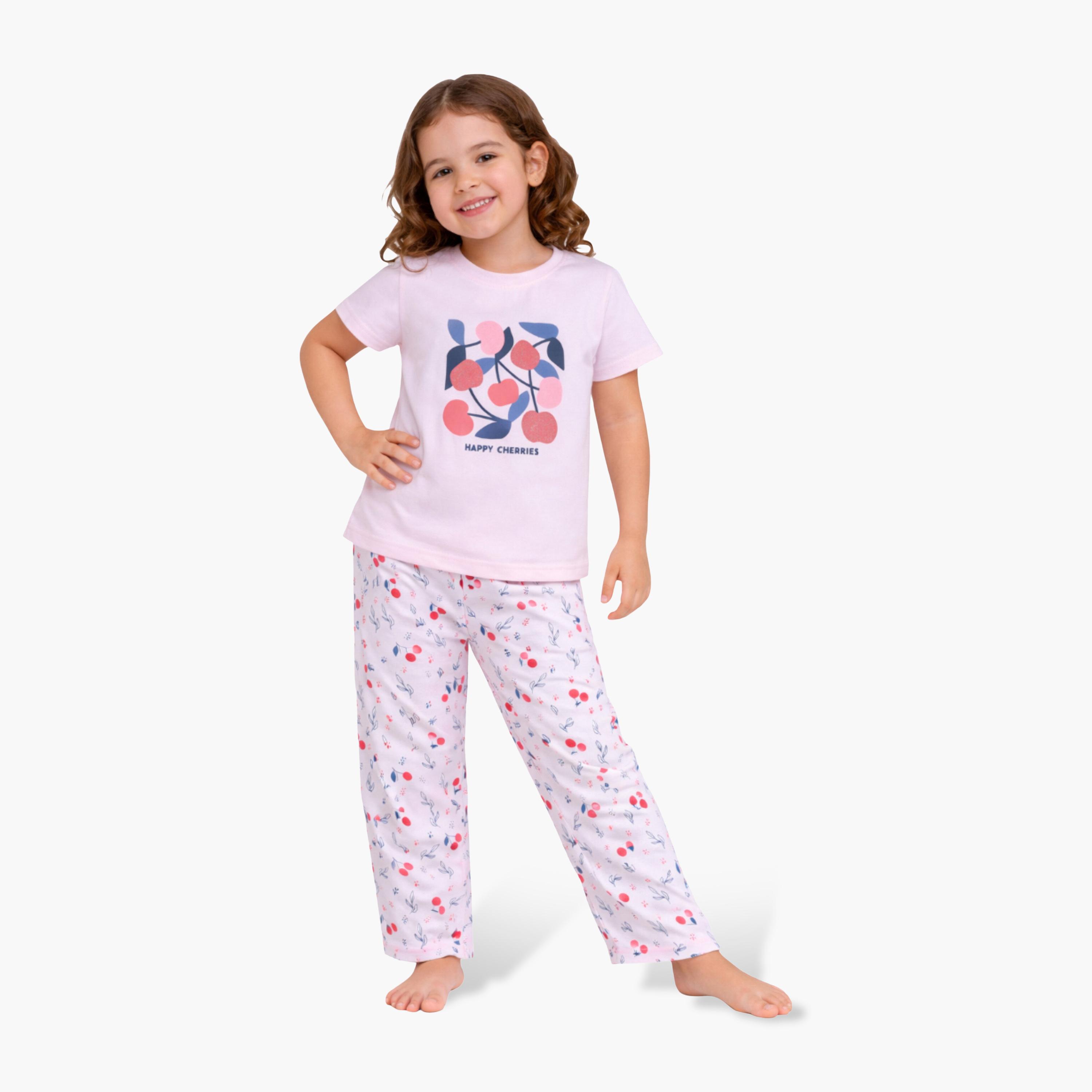 Victor and Jane Cherry Printed Cotton T-Shirt & Pajama Set-girls-clothing-setsandcoords-image-1