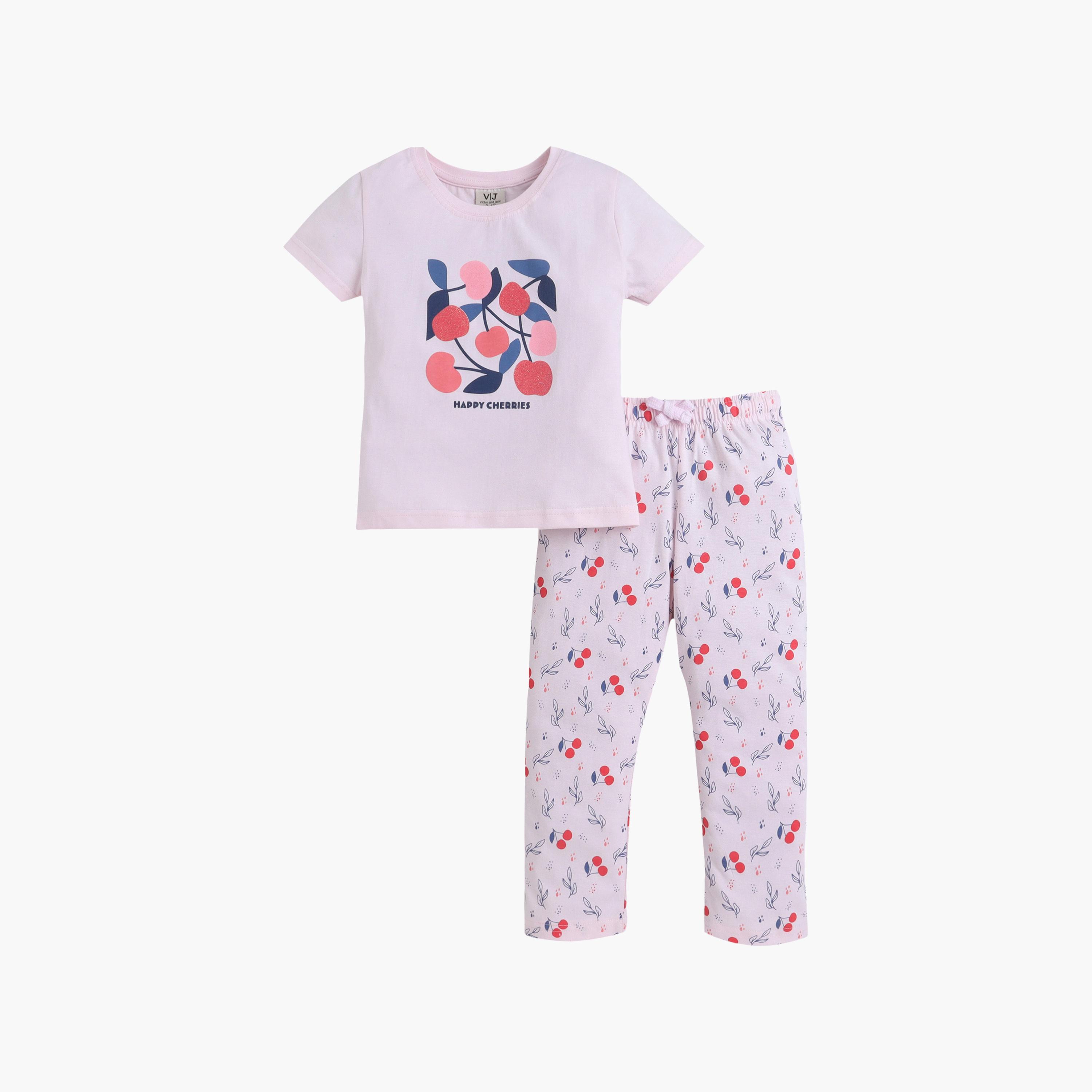 Victor and Jane Cherry Printed Cotton T-Shirt & Pajama Set-girls-clothing-setsandcoords-image-2