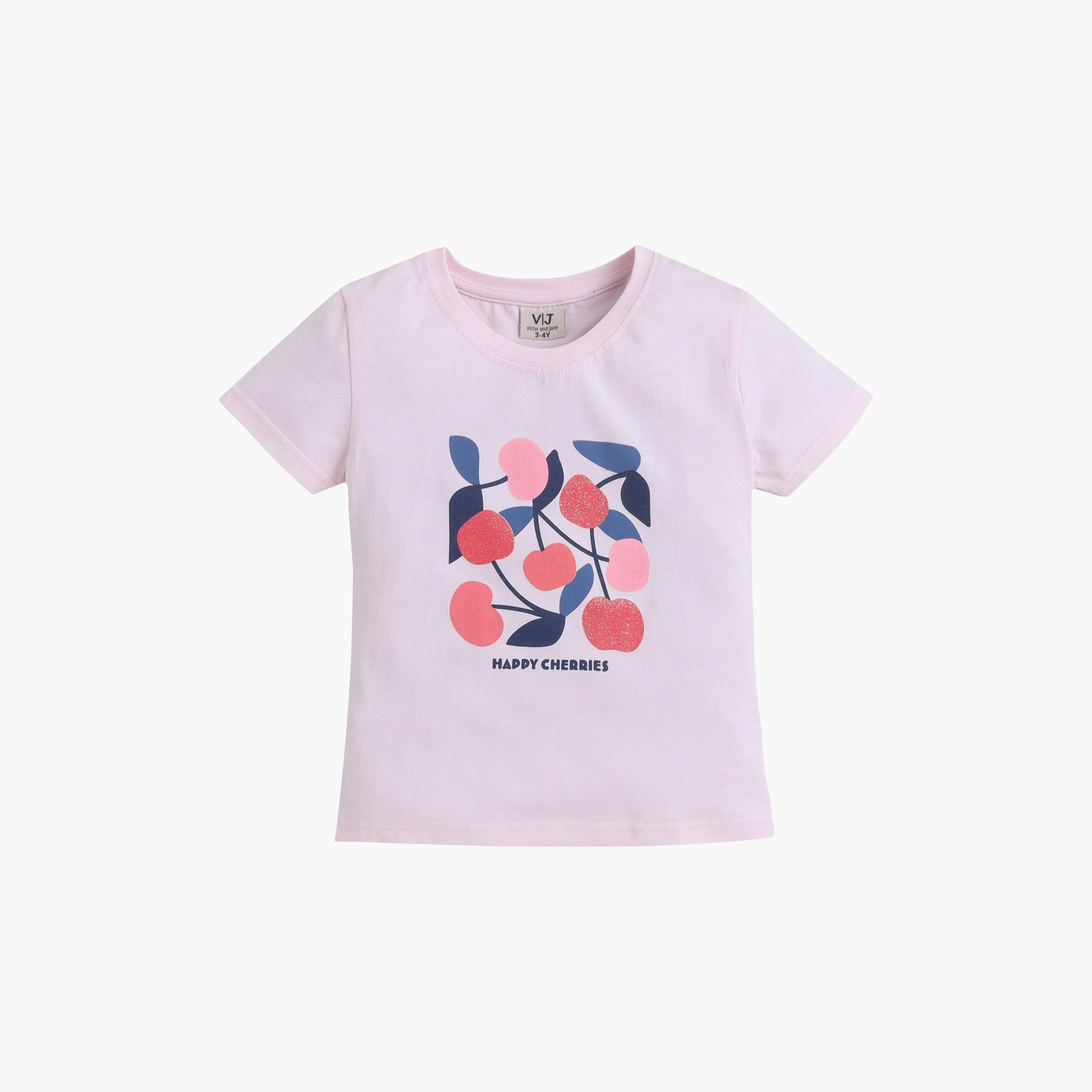 Victor and Jane Cherry Printed Cotton T-Shirt & Pajama Set-girls-clothing-setsandcoords-image-3