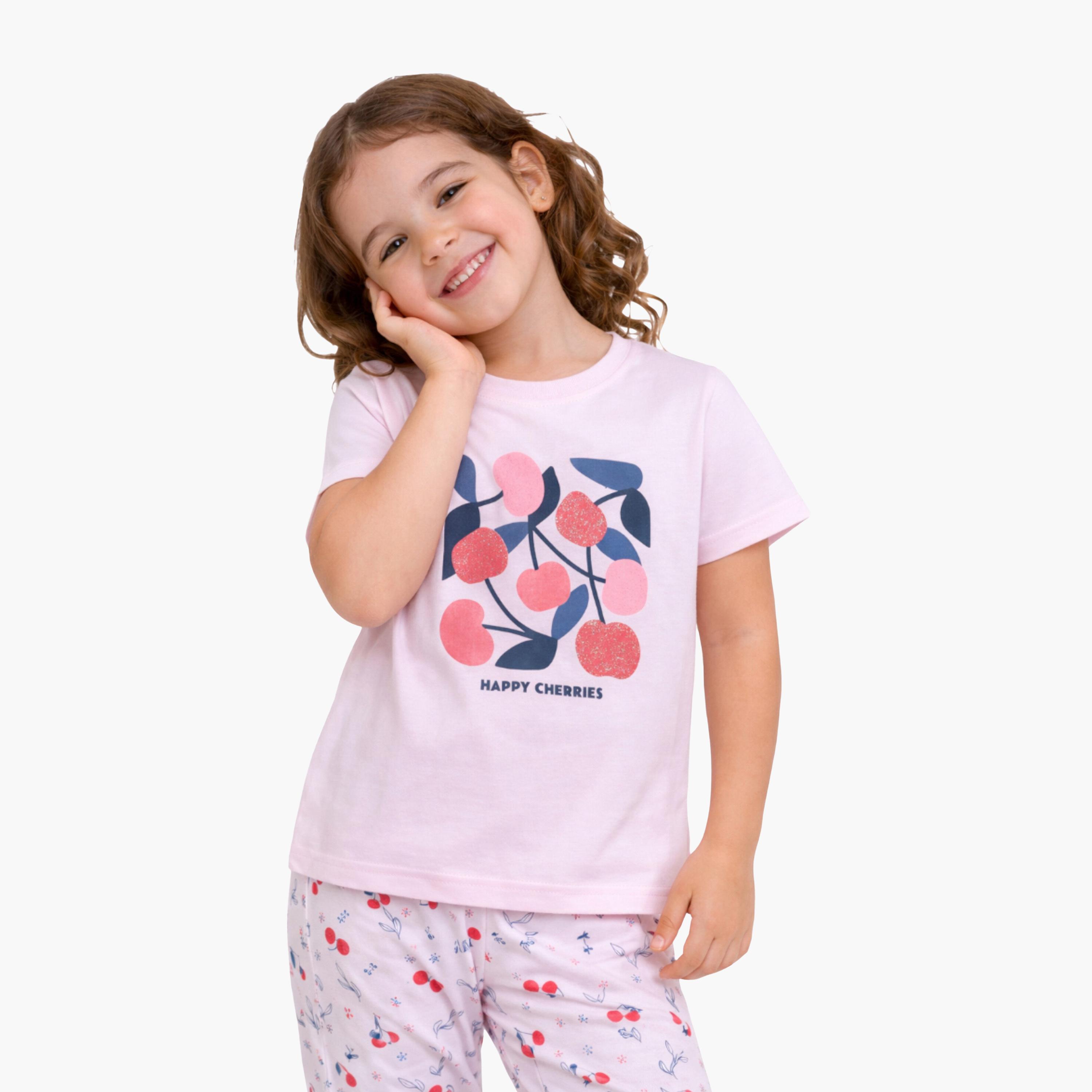 Victor and Jane Cherry Printed Cotton T-Shirt & Pajama Set-girls-clothing-setsandcoords-image-5