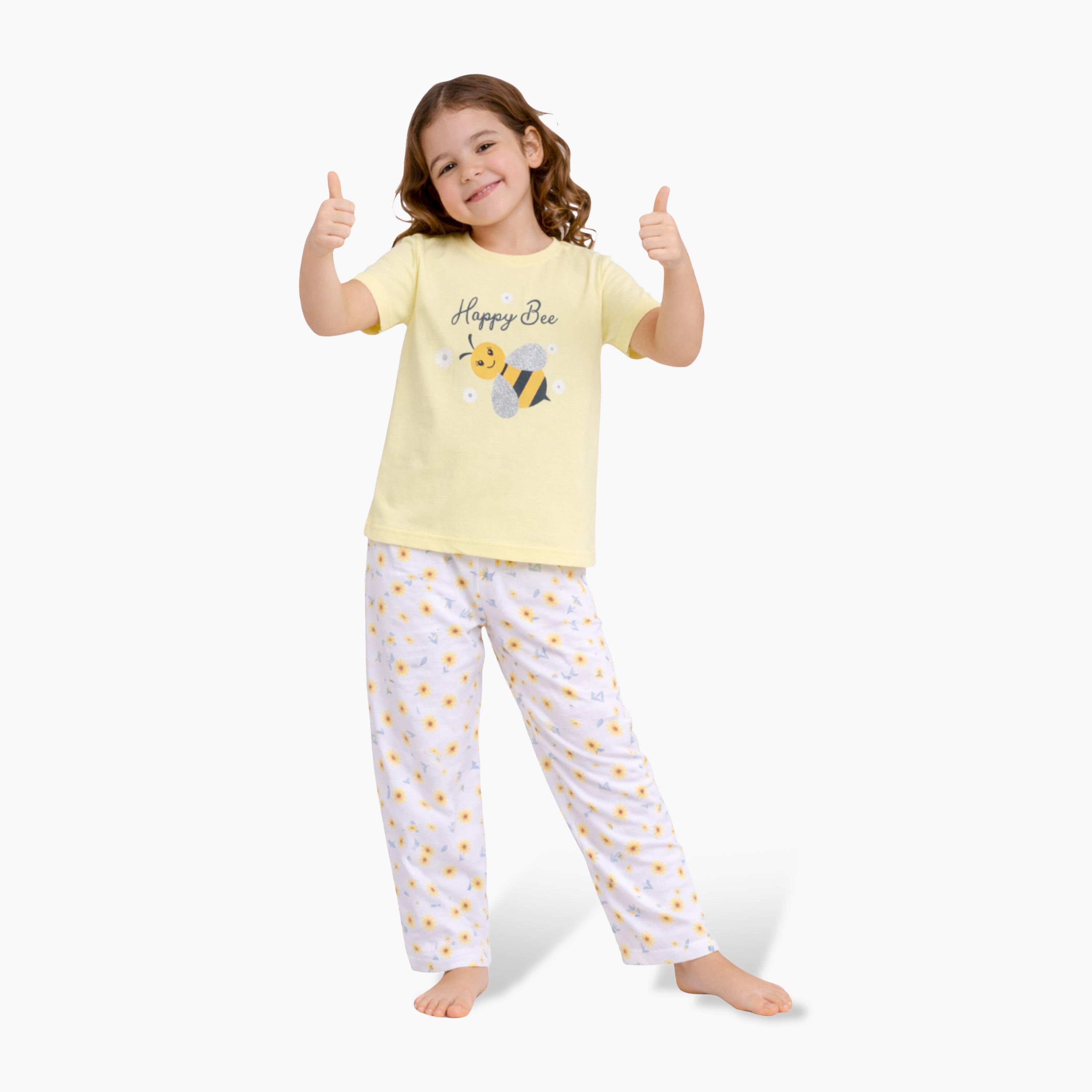 Victor and Jane Bee Printed Cotton T-Shirt & Pajama Set-girls-clothing-setsandcoords-image-1
