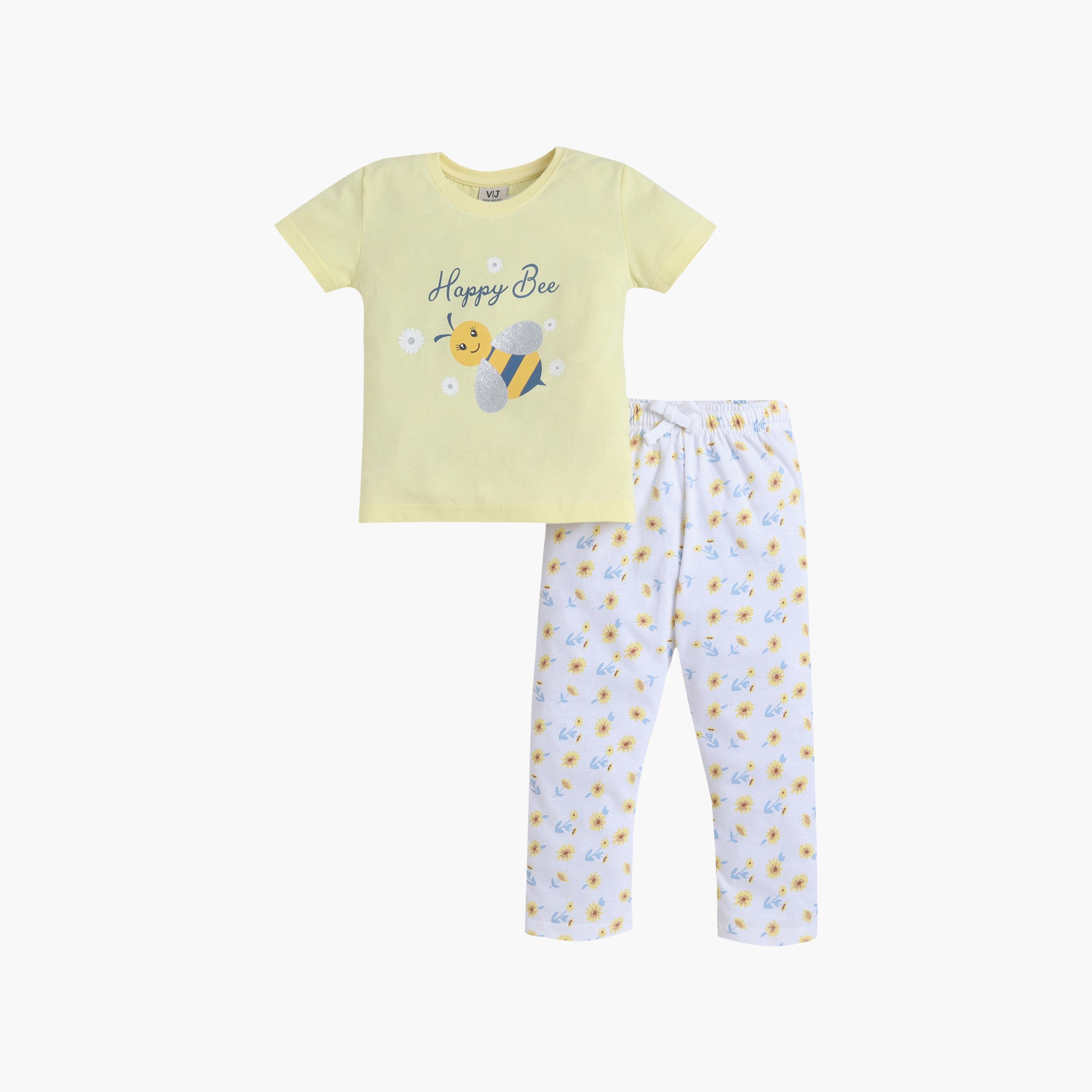 Victor and Jane Bee Printed Cotton T-Shirt & Pajama Set-girls-clothing-setsandcoords-image-2