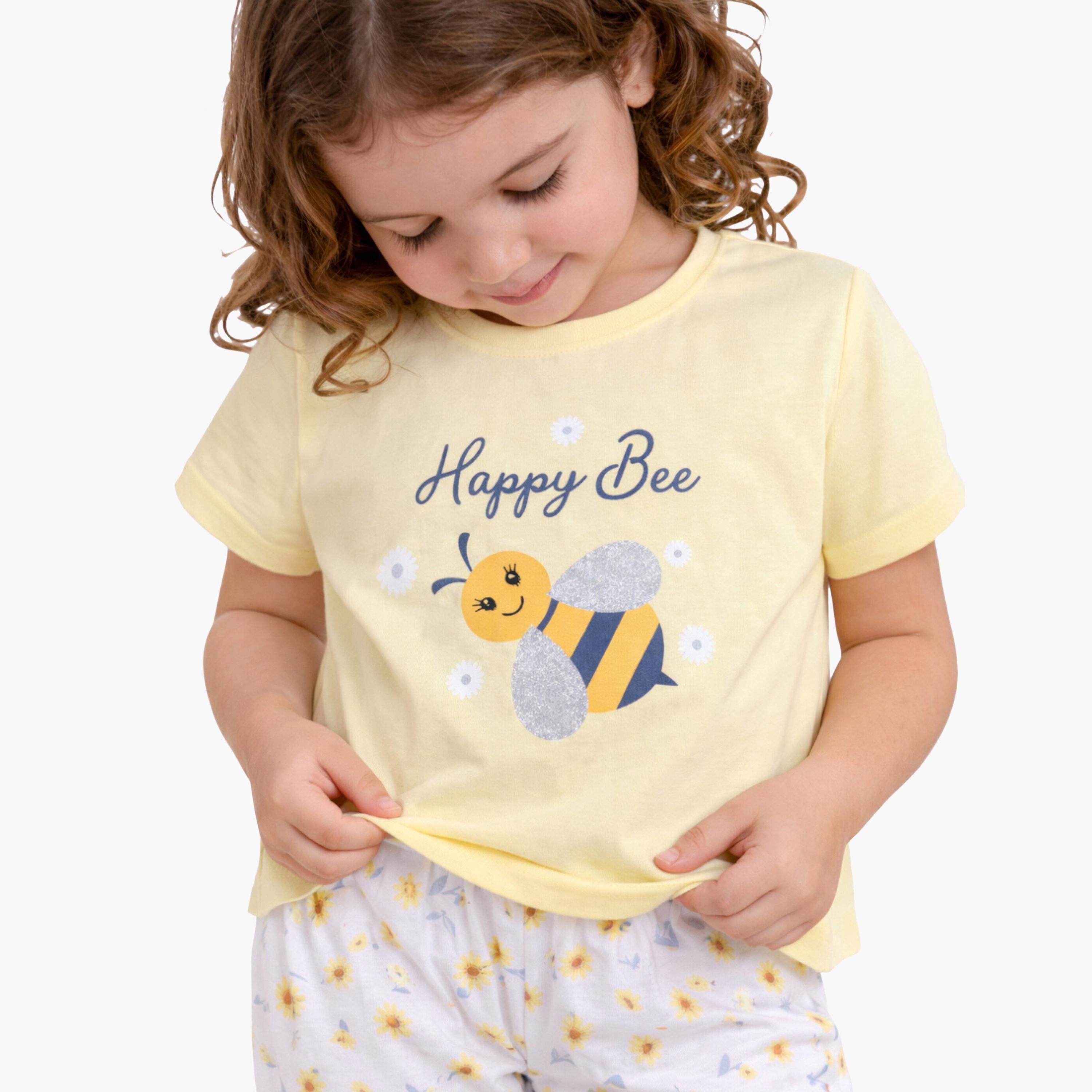 Victor and Jane Bee Printed Cotton T-Shirt & Pajama Set-girls-clothing-setsandcoords-image-5