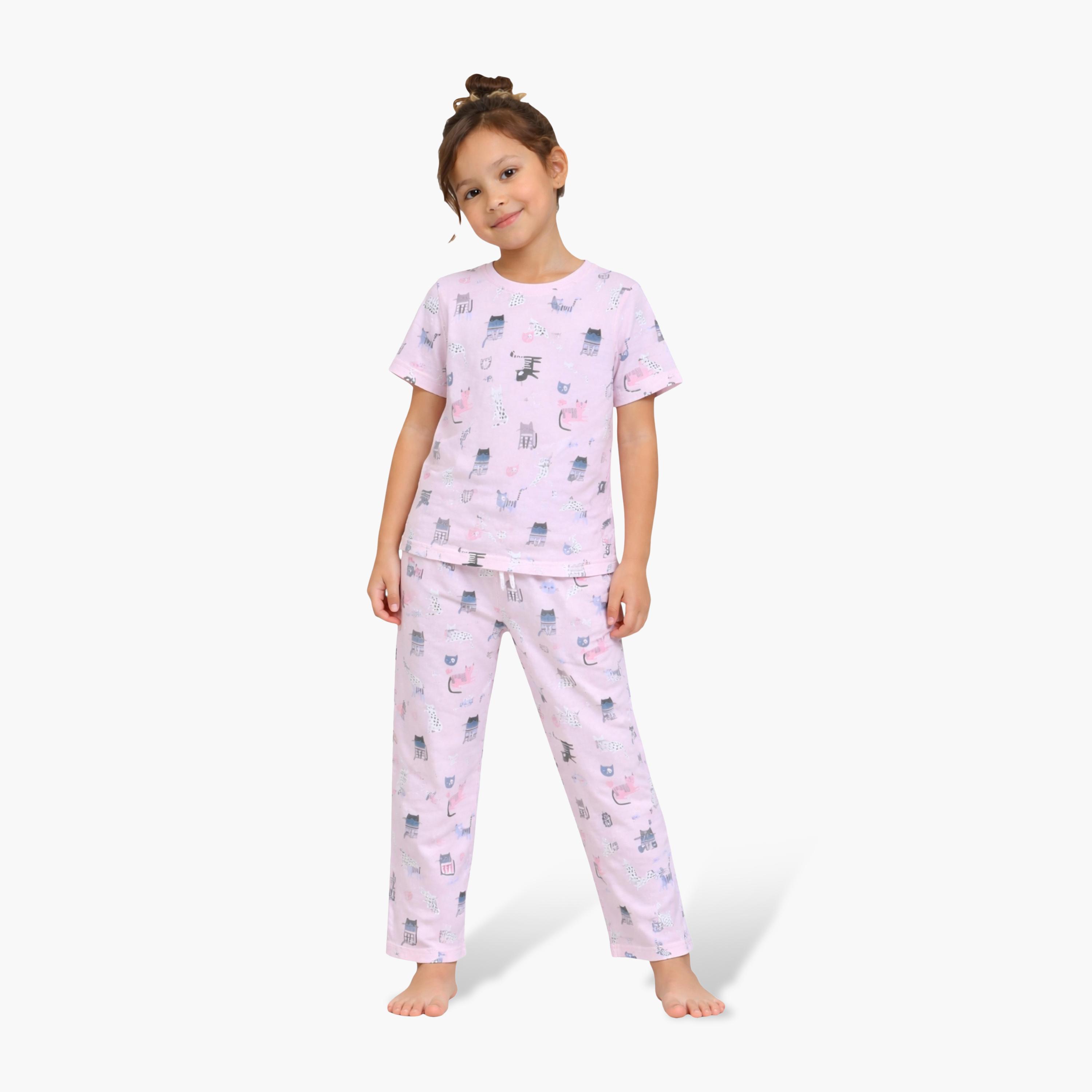 Victor and Jane Cat Printed Cotton T-Shirt & Pajama Set-girls-clothing-setsandcoords-image-1