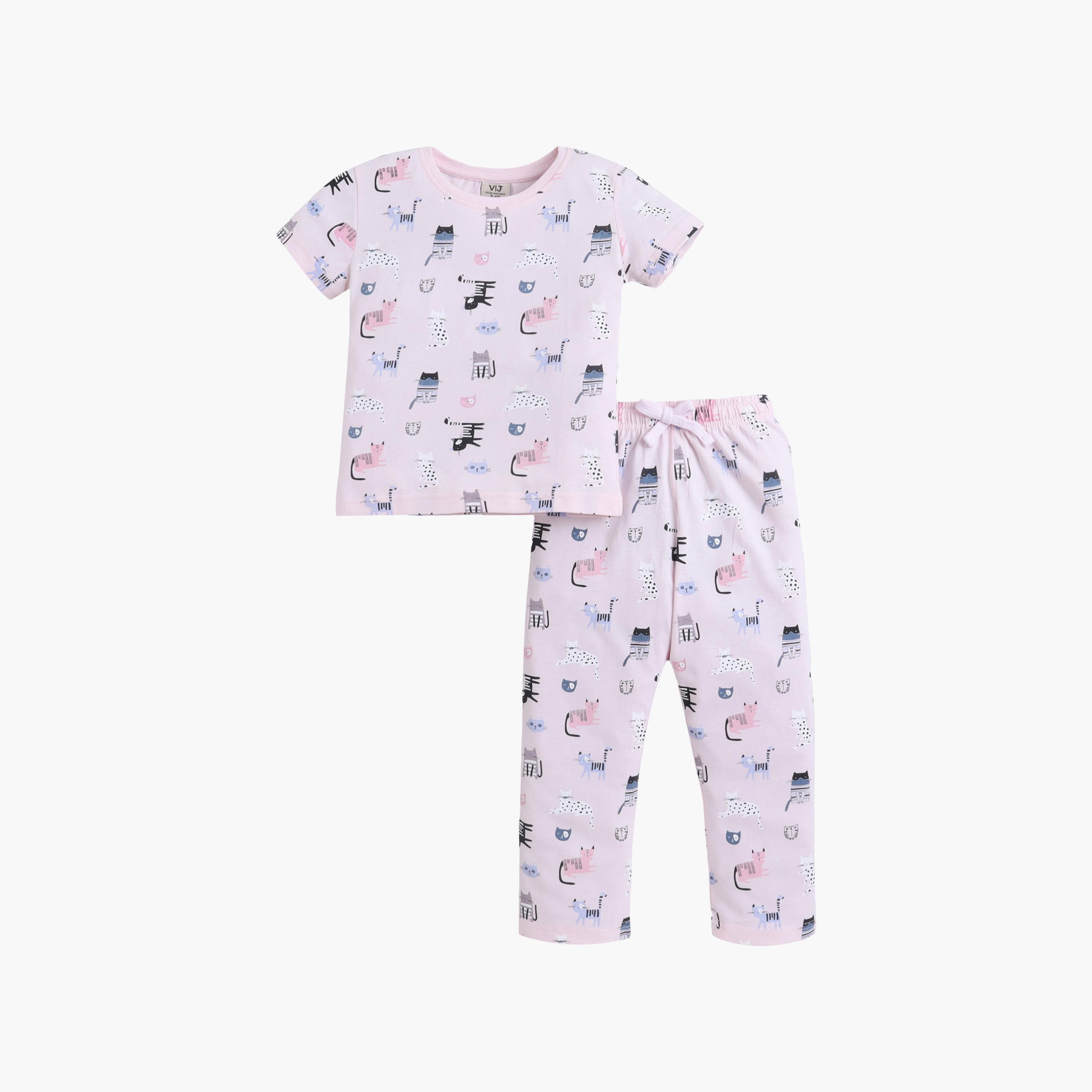 Victor and Jane Cat Printed Cotton T-Shirt & Pajama Set-girls-clothing-setsandcoords-image-2