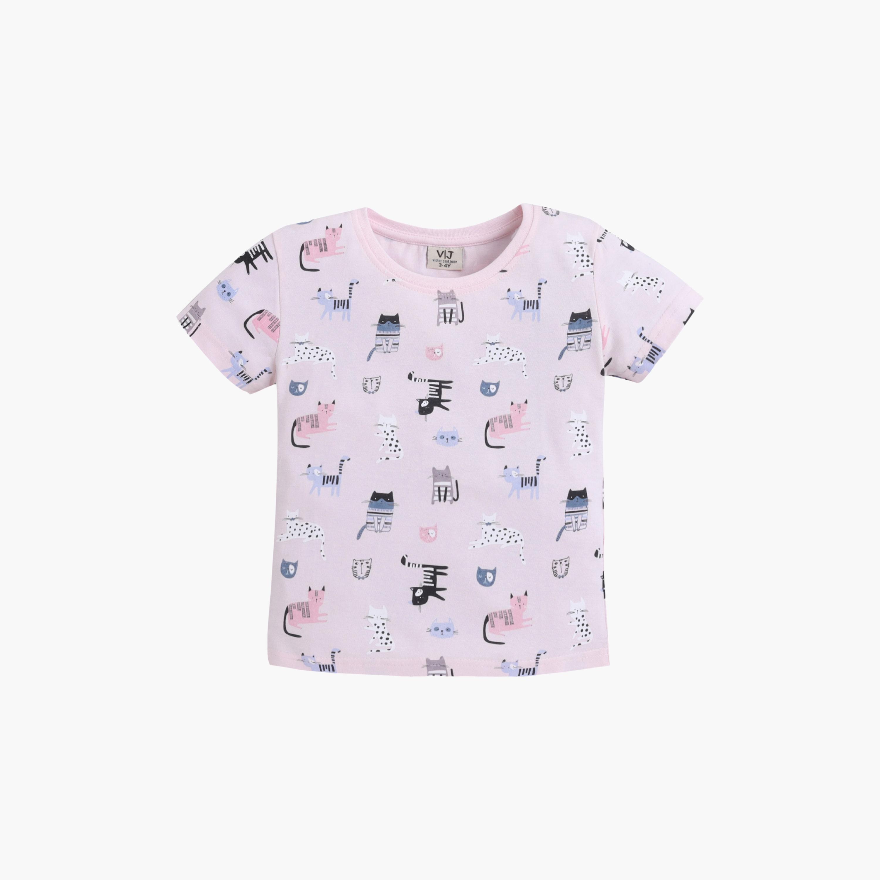 Victor and Jane Cat Printed Cotton T-Shirt & Pajama Set-girls-clothing-setsandcoords-image-3
