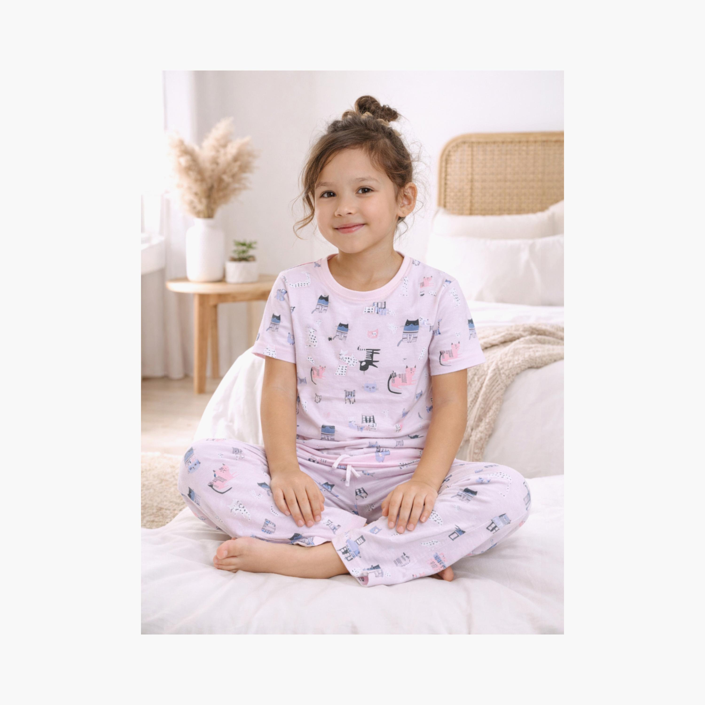 Victor and Jane Cat Printed Cotton T-Shirt & Pajama Set-girls-clothing-setsandcoords-image-5