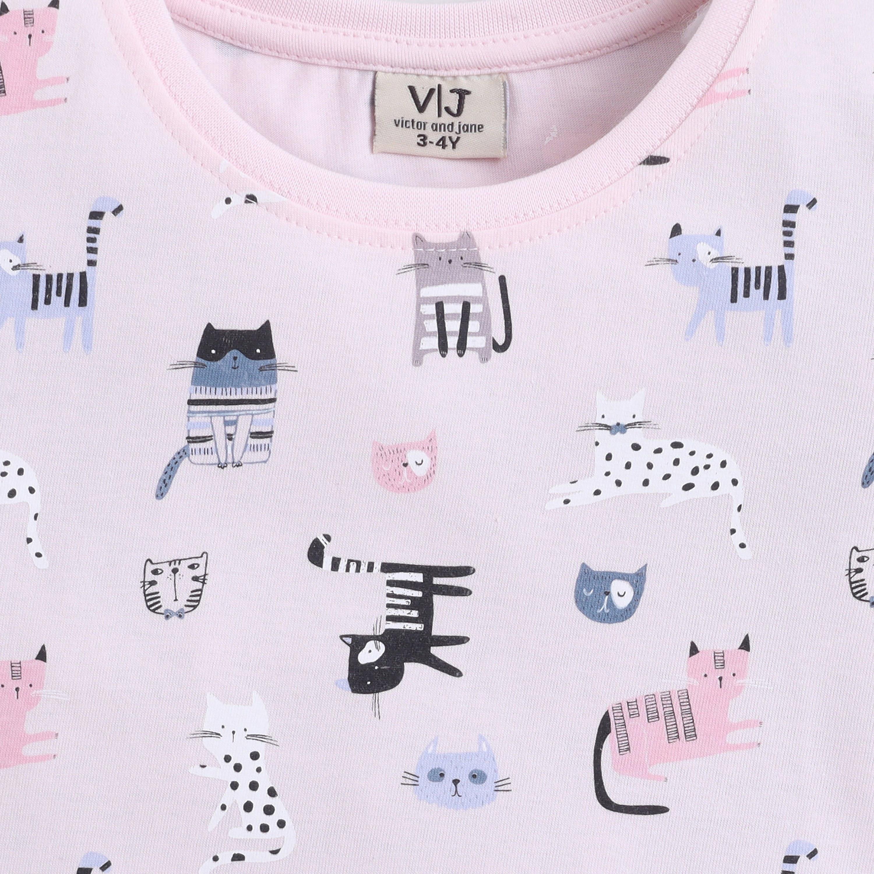 Victor and Jane Cat Printed Cotton T-Shirt & Pajama Set-girls-clothing-setsandcoords-image-6