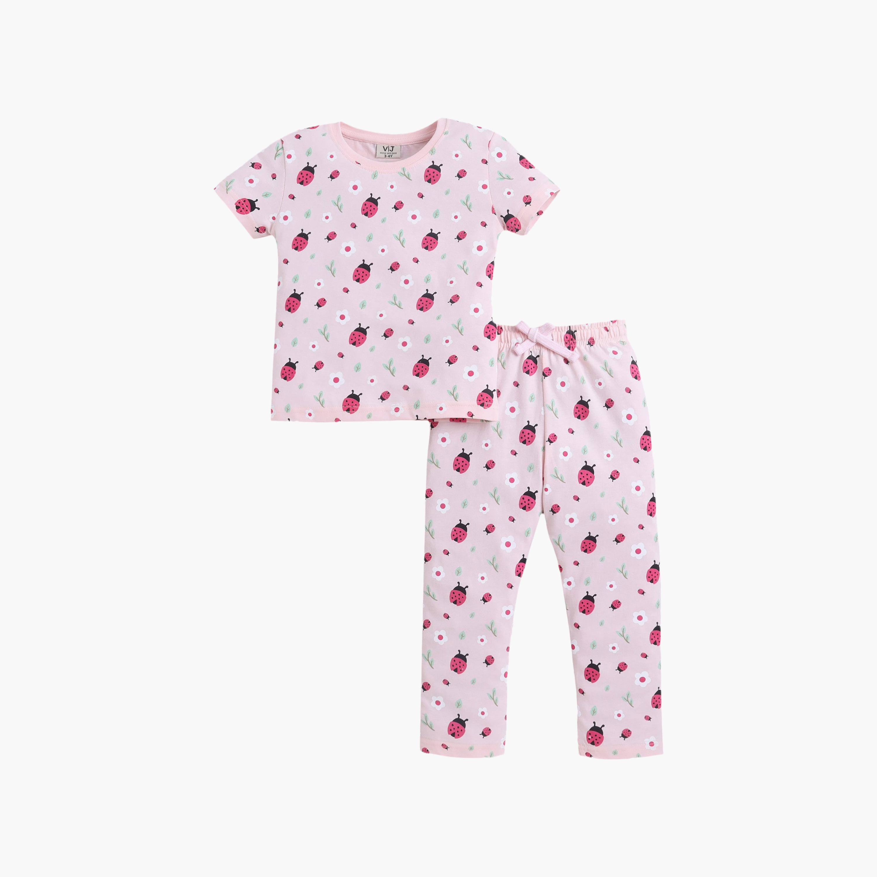 Victor and Jane Strawberry Printed Cotton T-Shirt & Pajama Set-baby-girls-clothing-setsandcoords-image-2