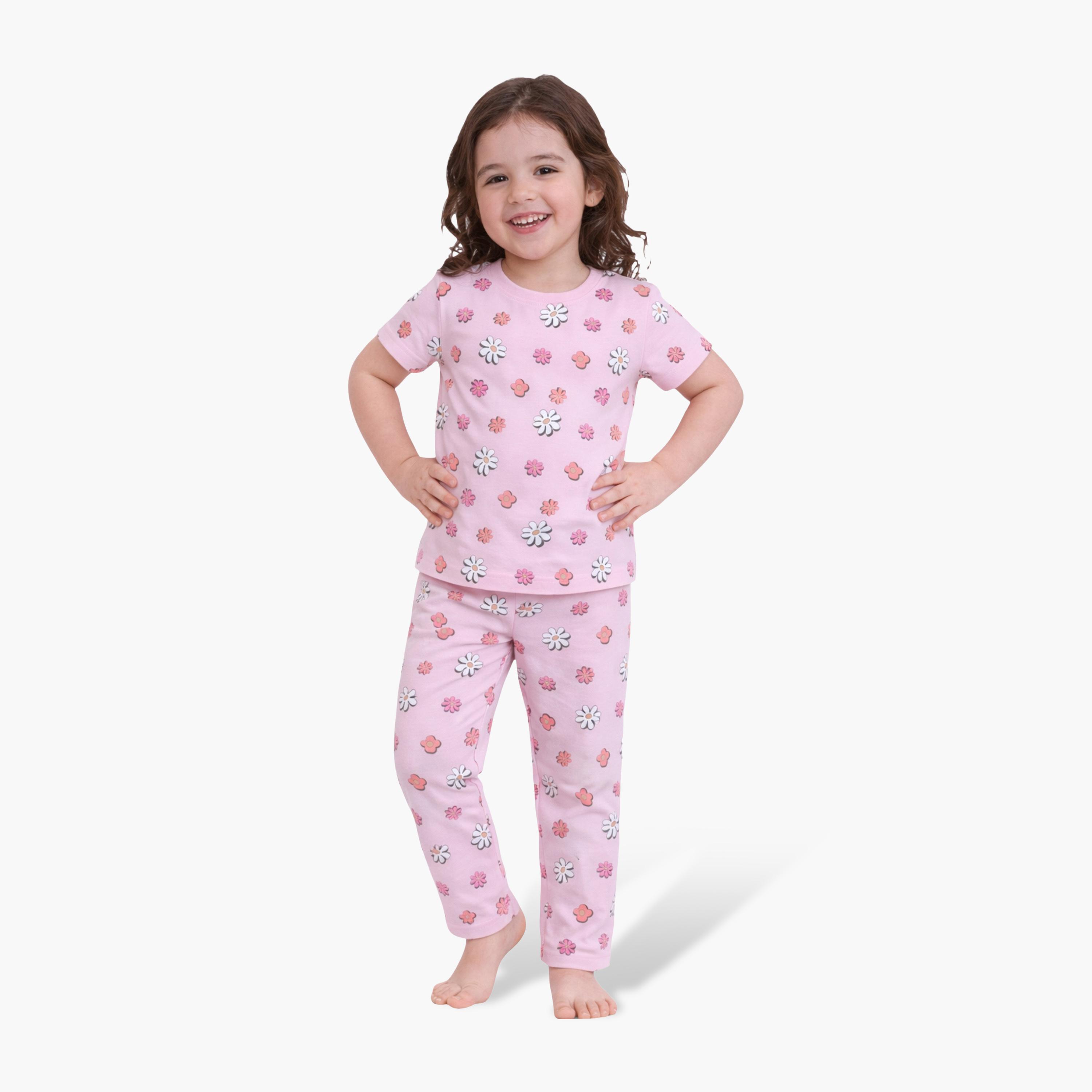 Victor and Jane Floral Printed Cotton T-Shirt & Pajama Set-baby-girls-clothing-setsandcoords-image-1