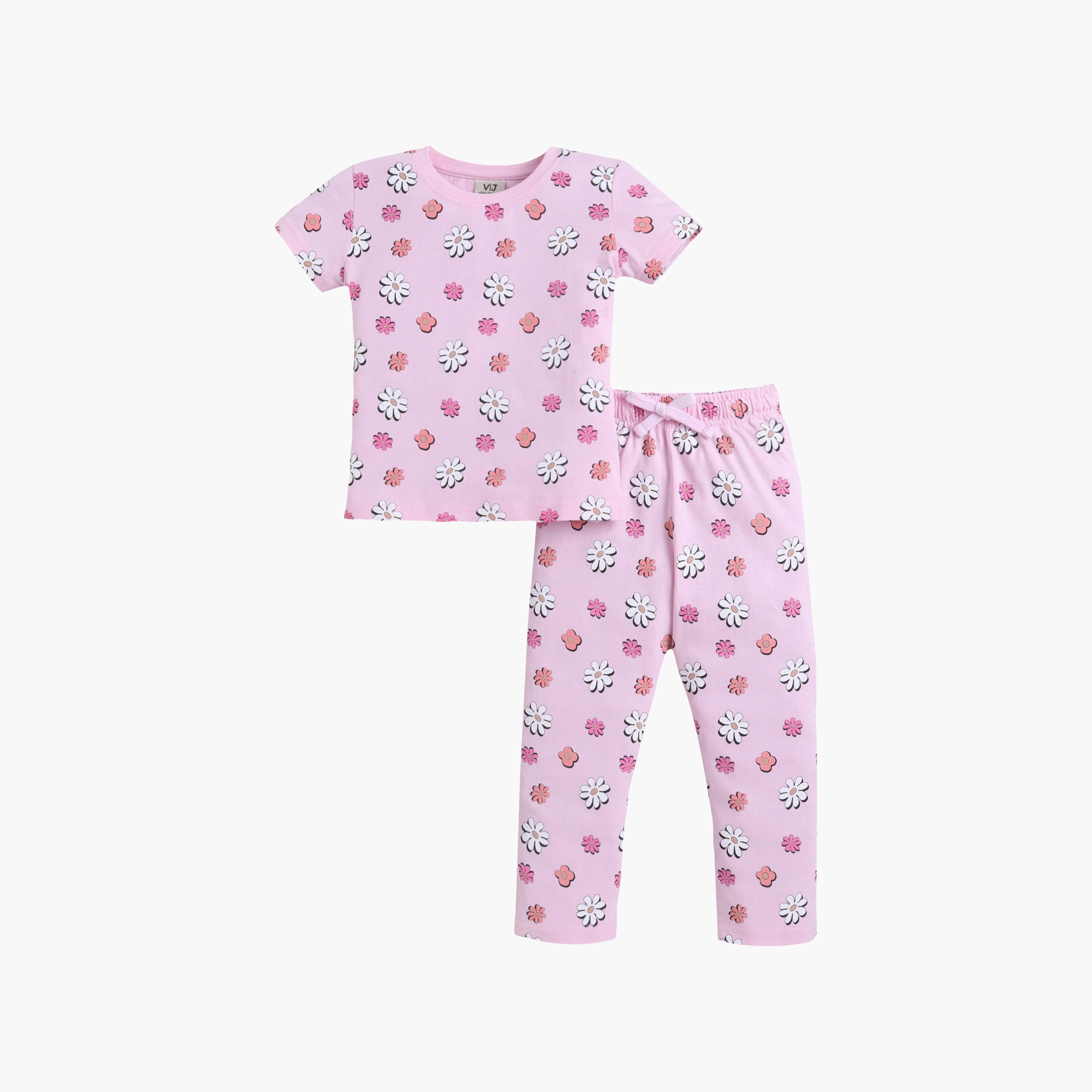 Victor and Jane Floral Printed Cotton T-Shirt & Pajama Set-baby-girls-clothing-setsandcoords-image-2