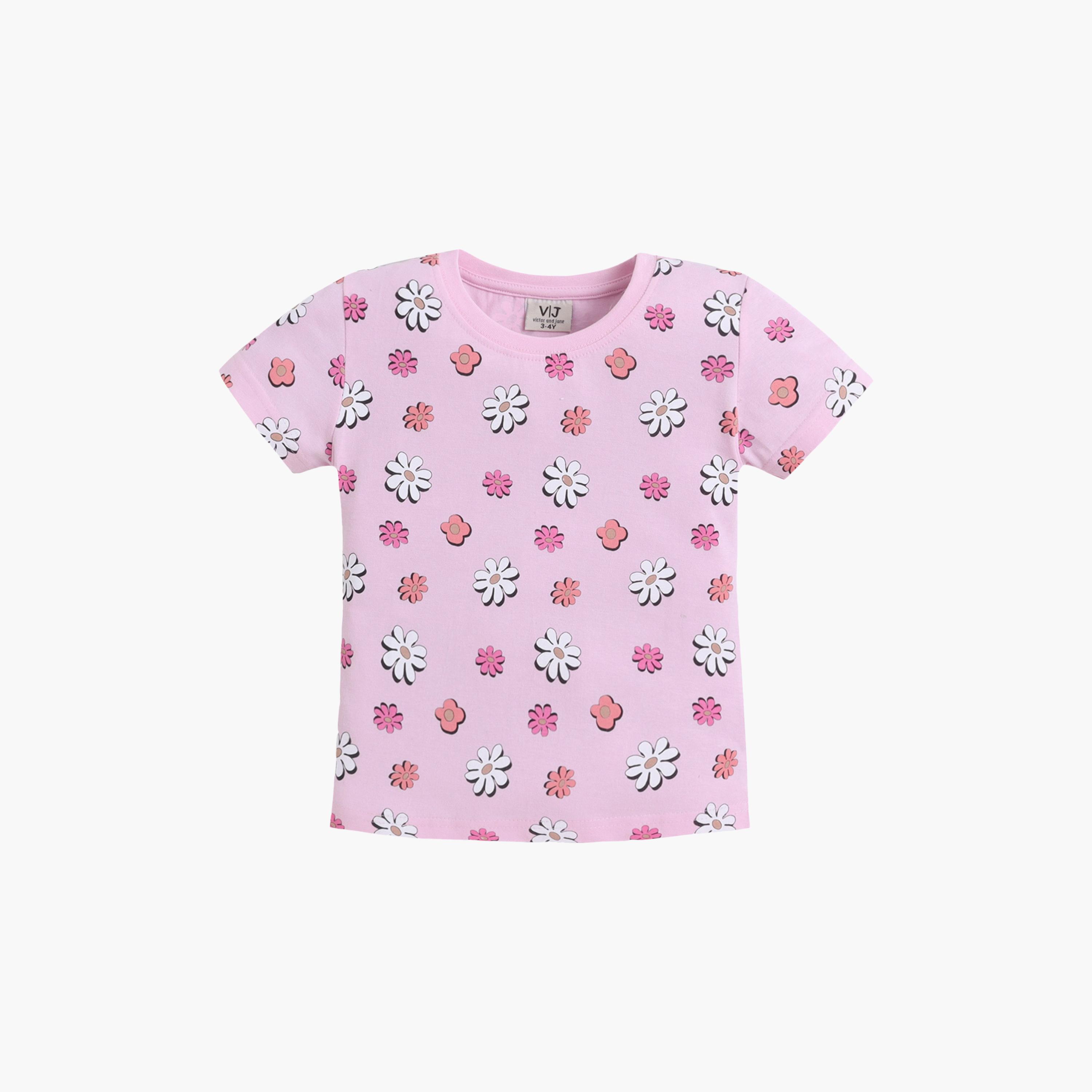Victor and Jane Floral Printed Cotton T-Shirt & Pajama Set-baby-girls-clothing-setsandcoords-image-3
