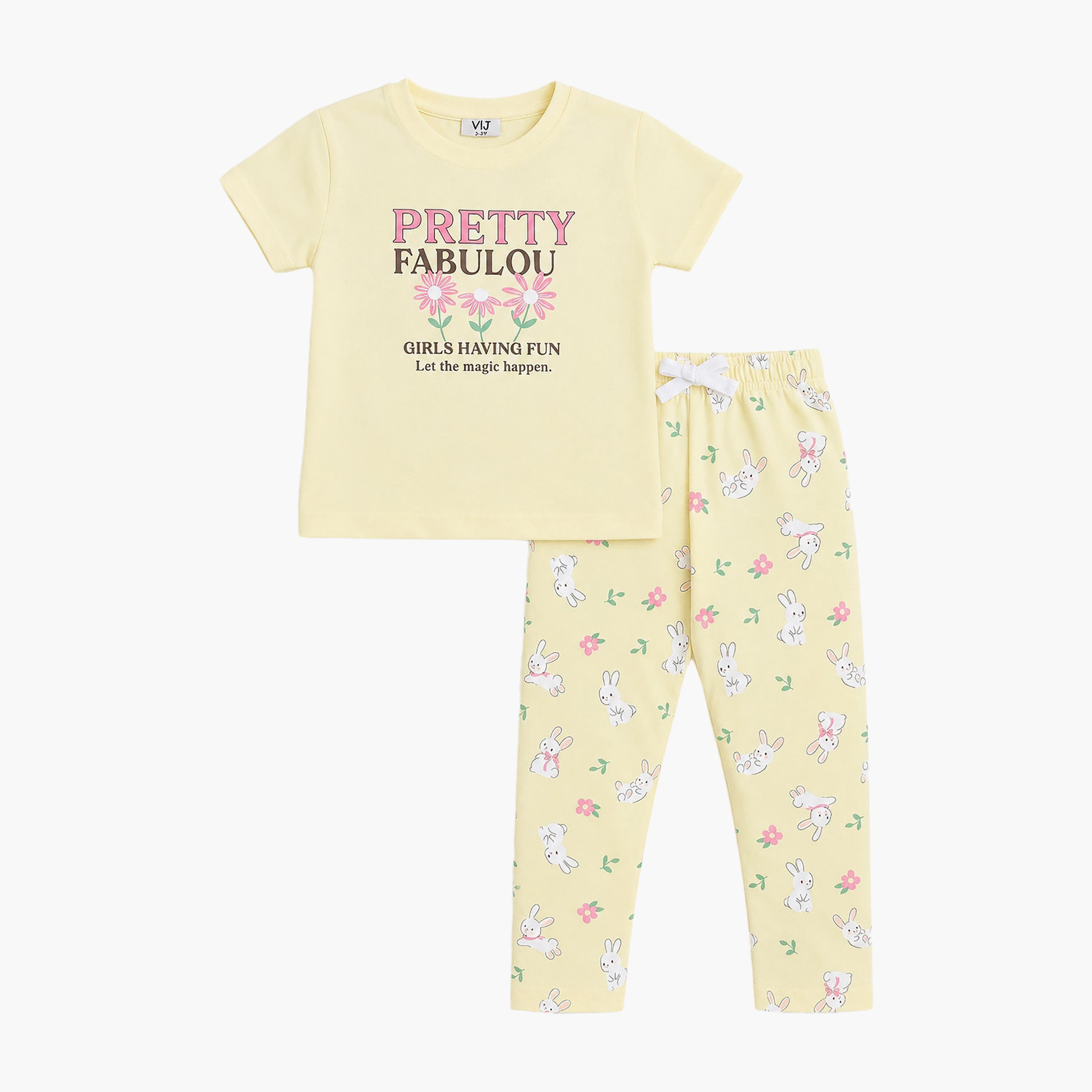 Victor and Jane Shorts Sleeves Printed T-Shirt & Pajama Set-baby-girls-clothing-setsandcoords-image-4