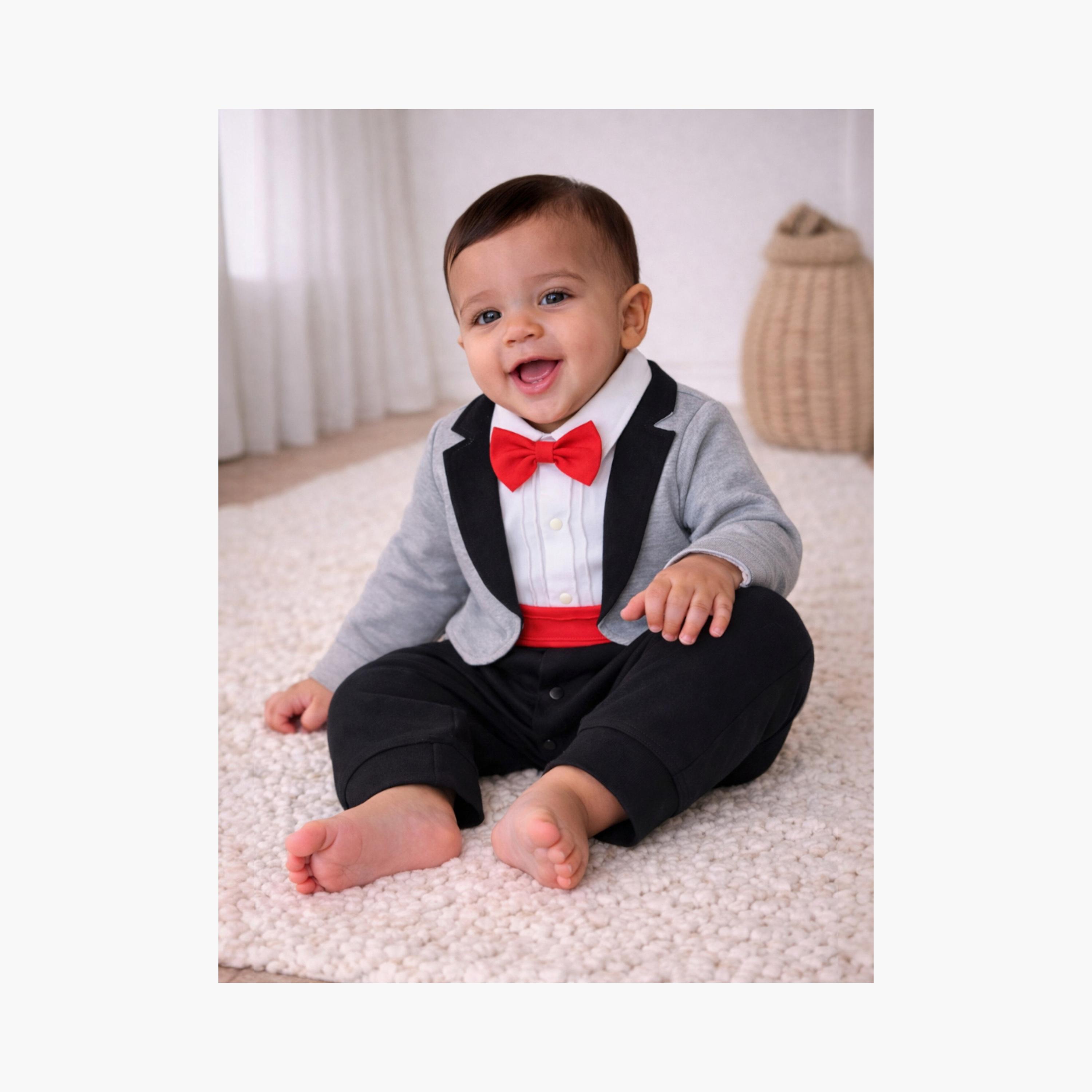 Victor and Jane Tuxedo, Shirt & Bow Tie Mock Rompers Set-baby-boys-clothing-rompers-image-4