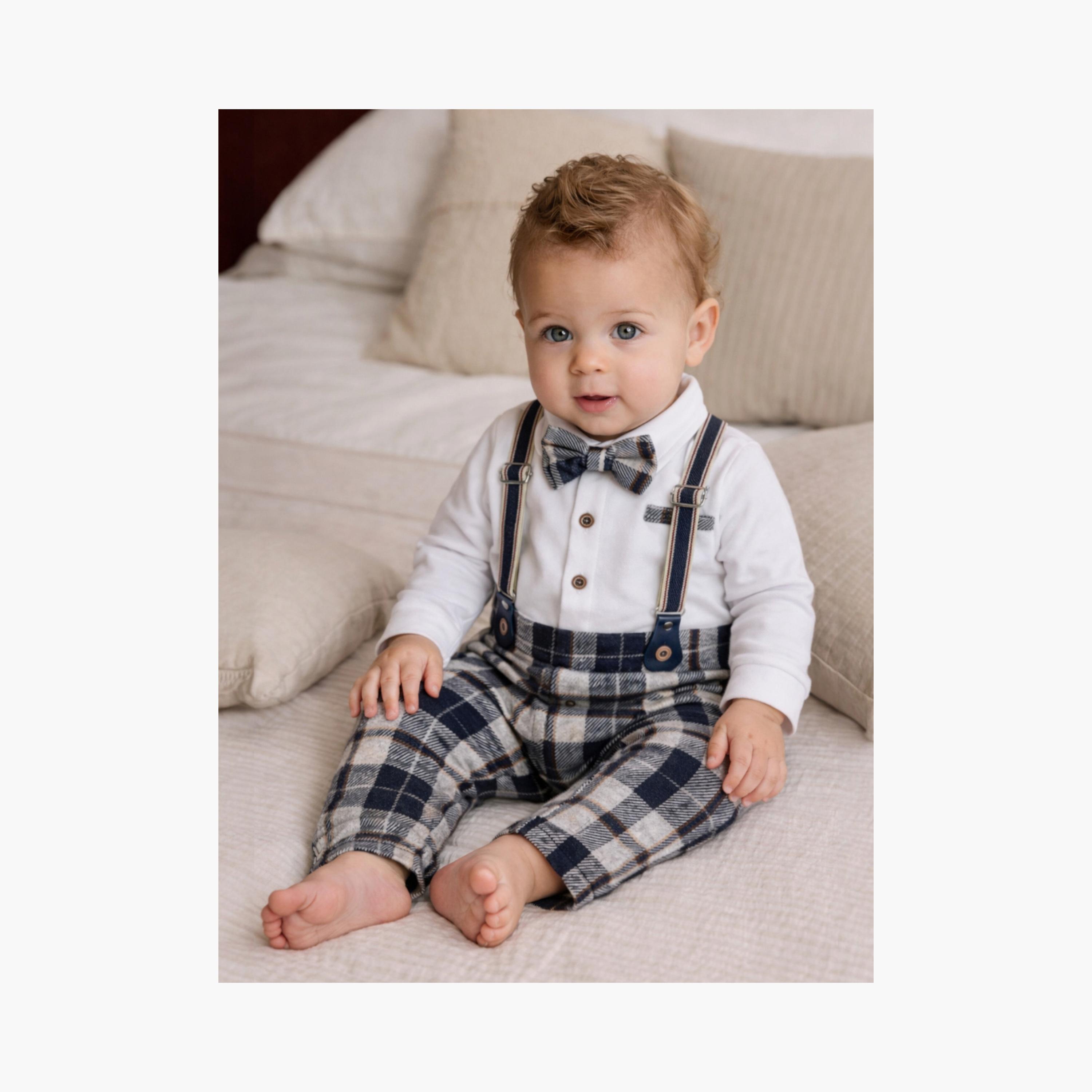 Victor and Jane Checked Shirt, Bow Tie & Suspenders Mock Rompers Set-baby-boys-clothing-rompers-image-3