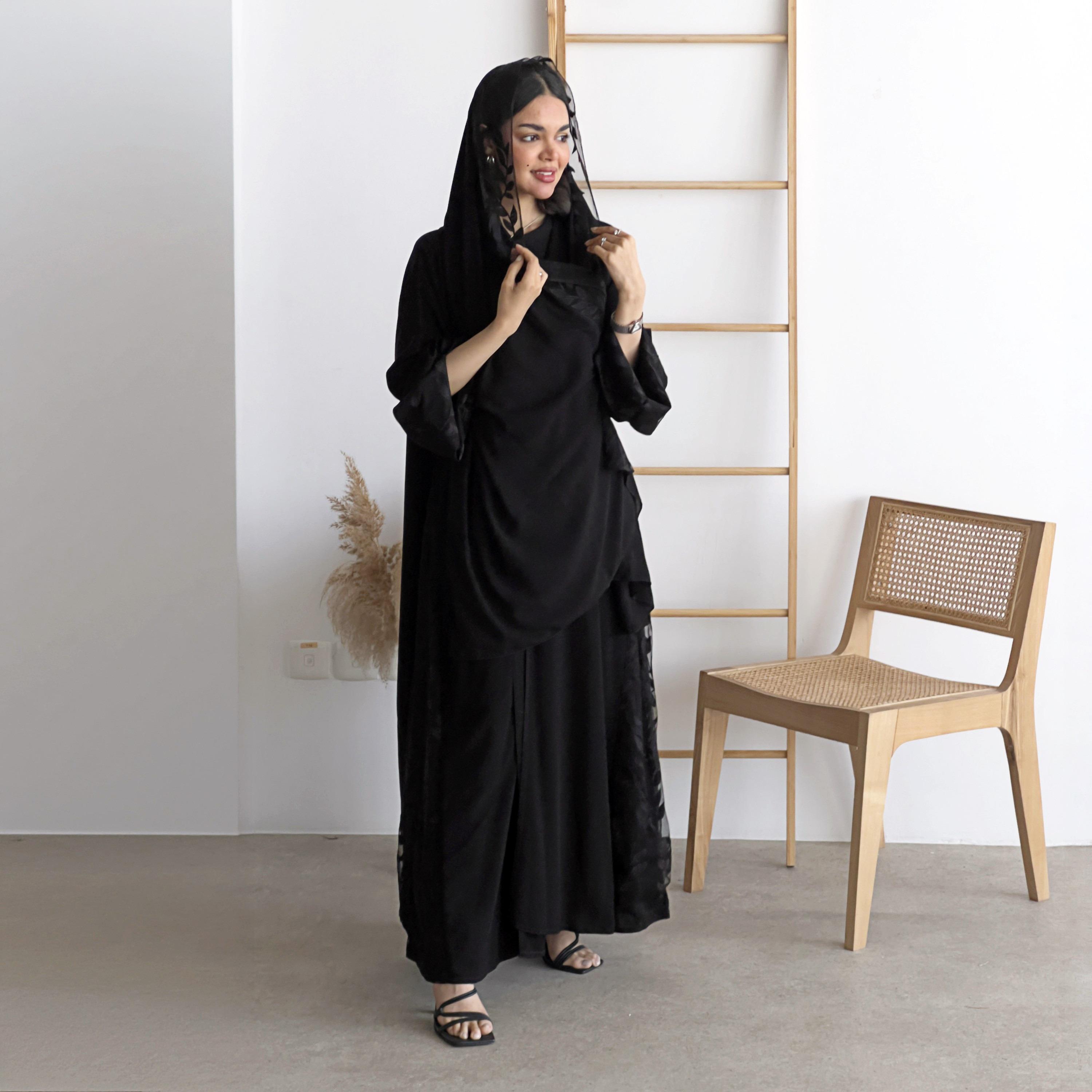 Lusin Abaya Black Slit Sleeves Embroidered Royal Crepe Women's Abaya with Hijab-women-arabicclothing-abayas-image-1