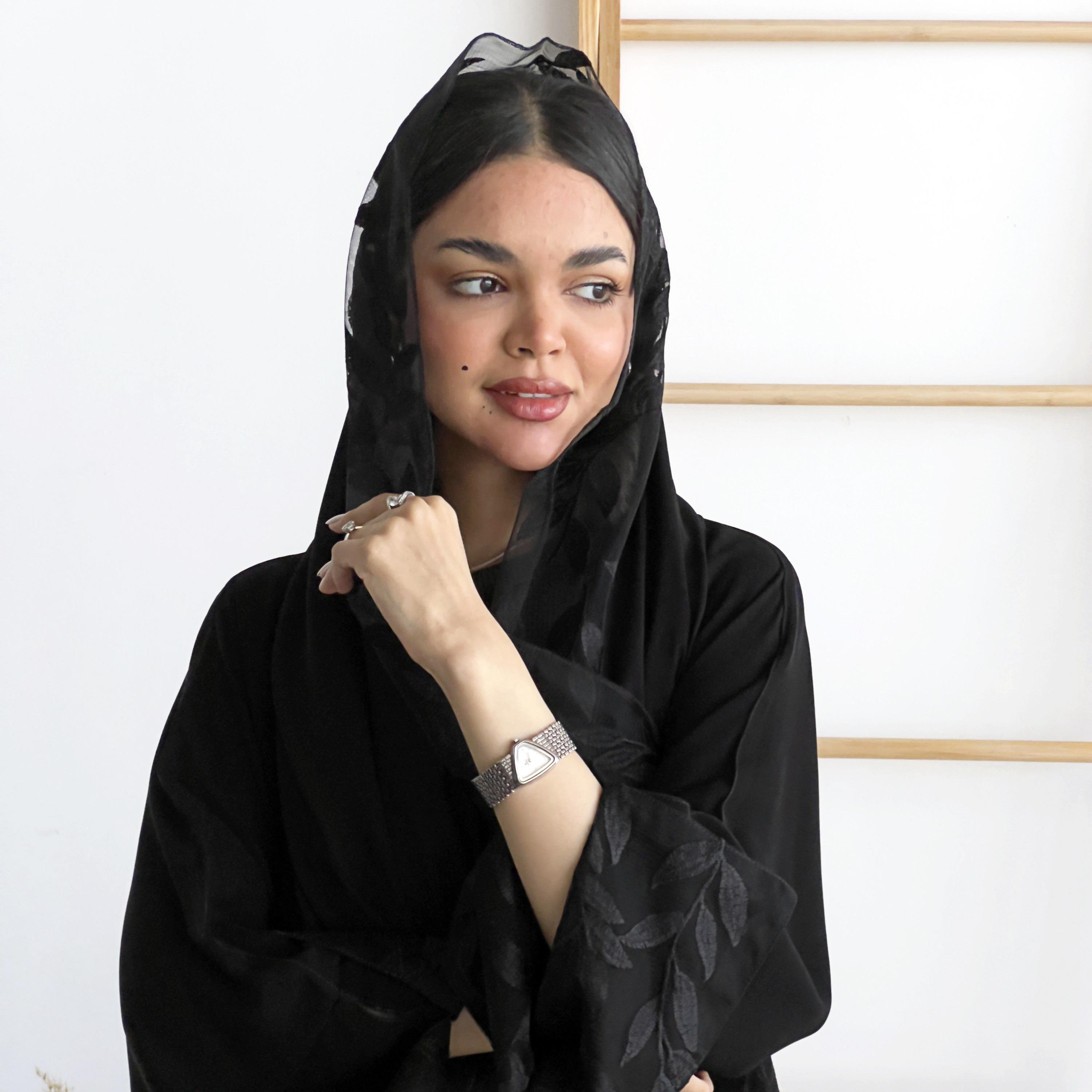 Lusin Abaya Black Slit Sleeves Embroidered Royal Crepe Women's Abaya with Hijab-women-arabicclothing-abayas-image-2
