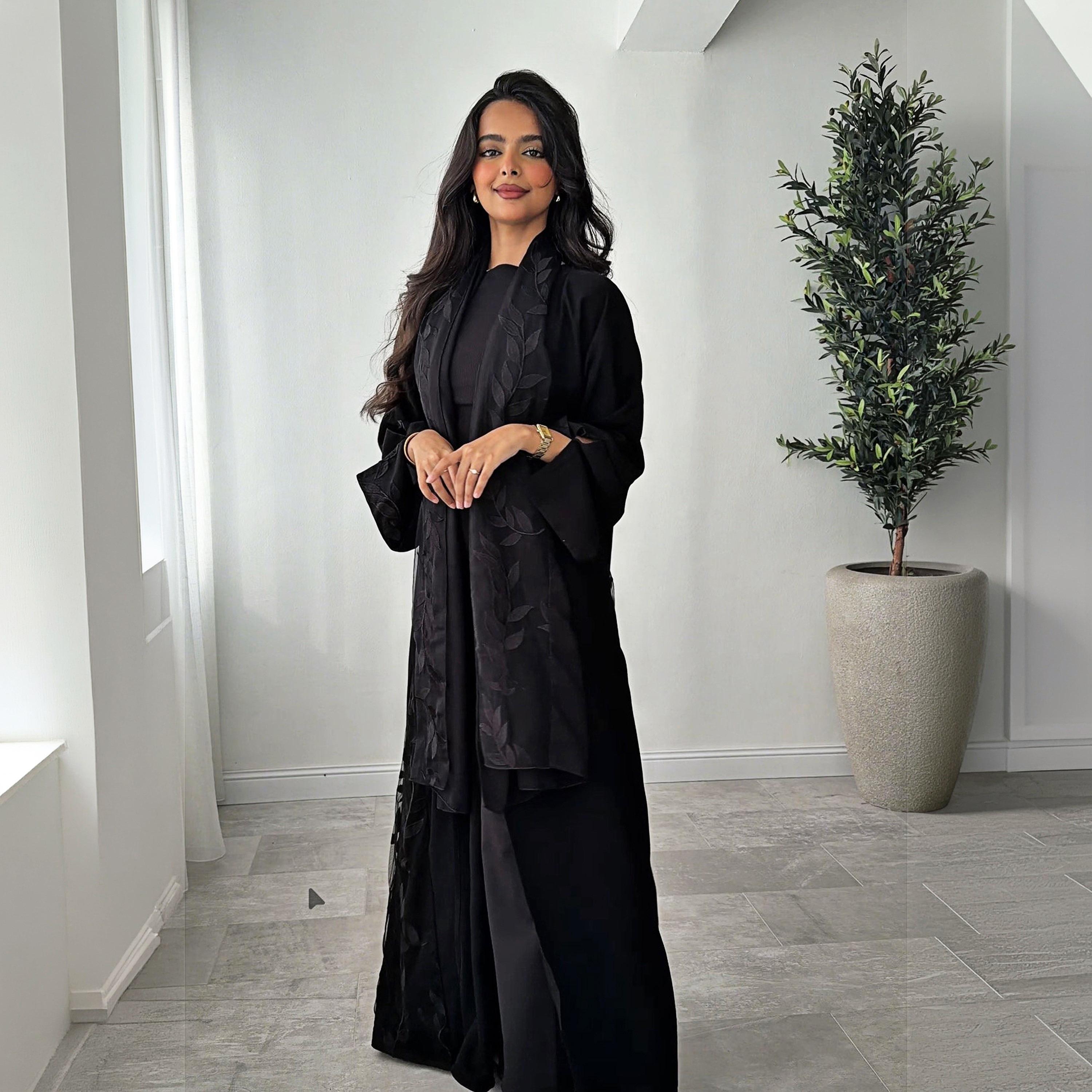 Lusin Abaya Black Slit Sleeves Embroidered Royal Crepe Women's Abaya with Hijab-women-arabicclothing-abayas-image-4