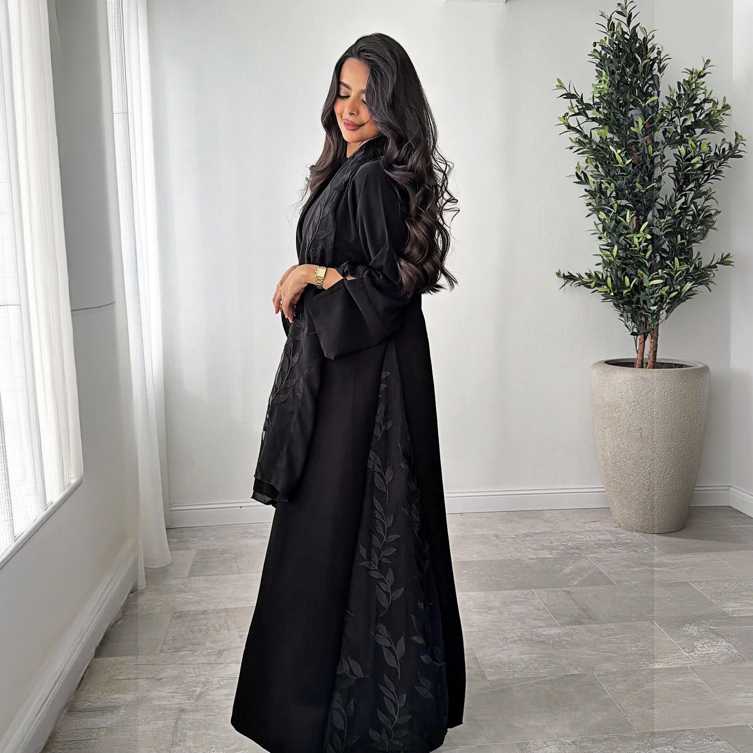 Lusin Abaya Black Slit Sleeves Embroidered Royal Crepe Women's Abaya with Hijab-women-arabicclothing-abayas-image-5