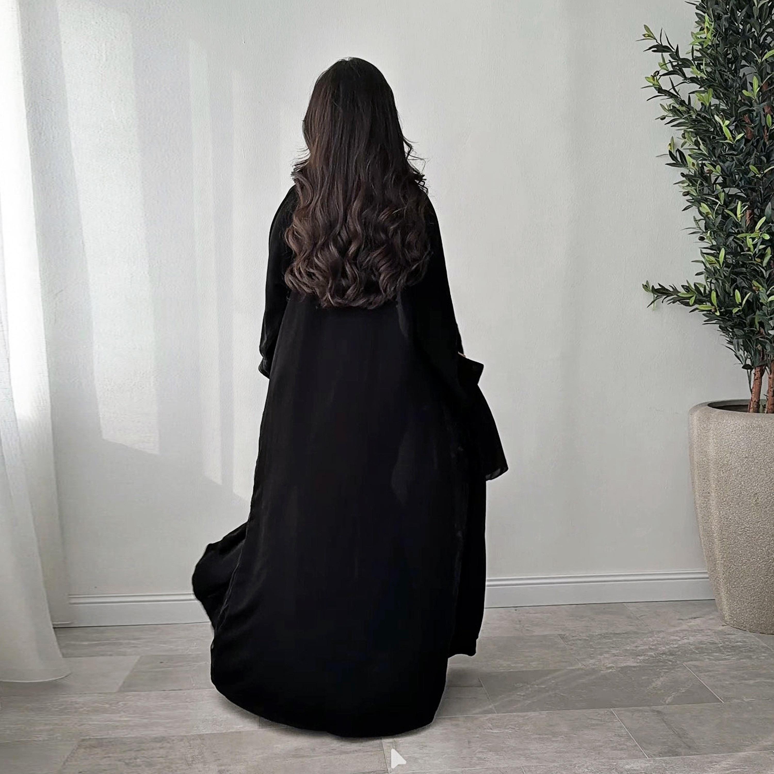 Lusin Abaya Black Slit Sleeves Embroidered Royal Crepe Women's Abaya with Hijab-women-arabicclothing-abayas-image-6