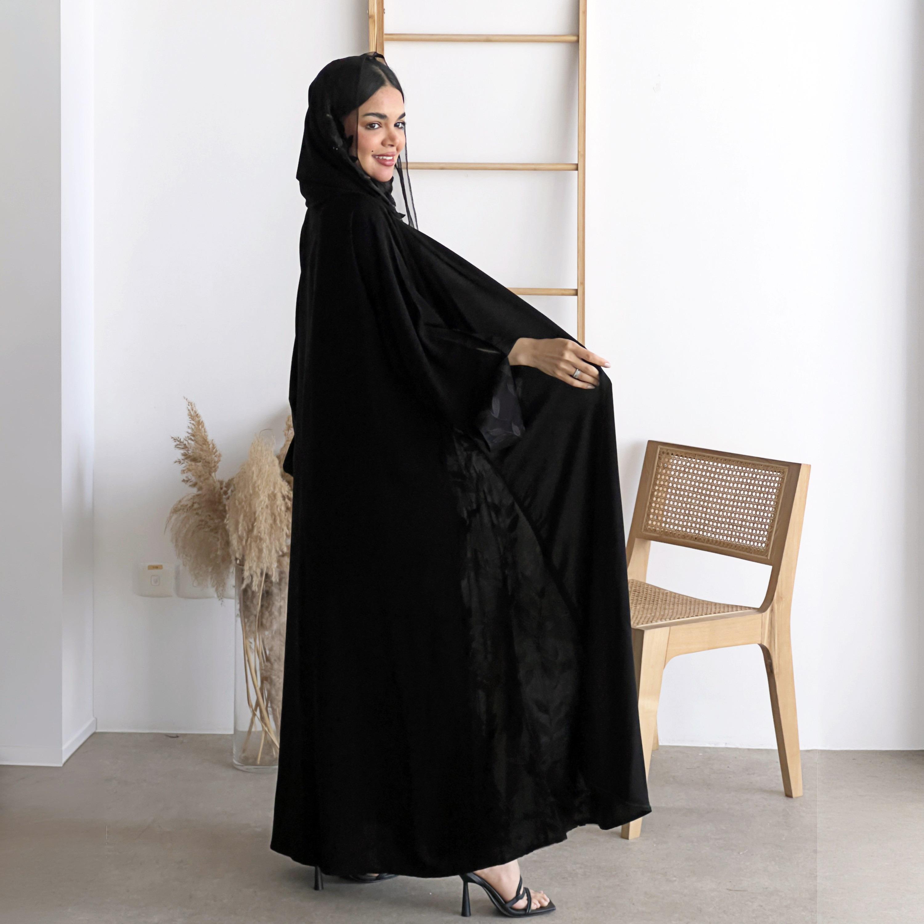 Lusin Abaya Black Slit Sleeves Embroidered Royal Crepe Women's Abaya with Hijab-women-arabicclothing-abayas-image-7