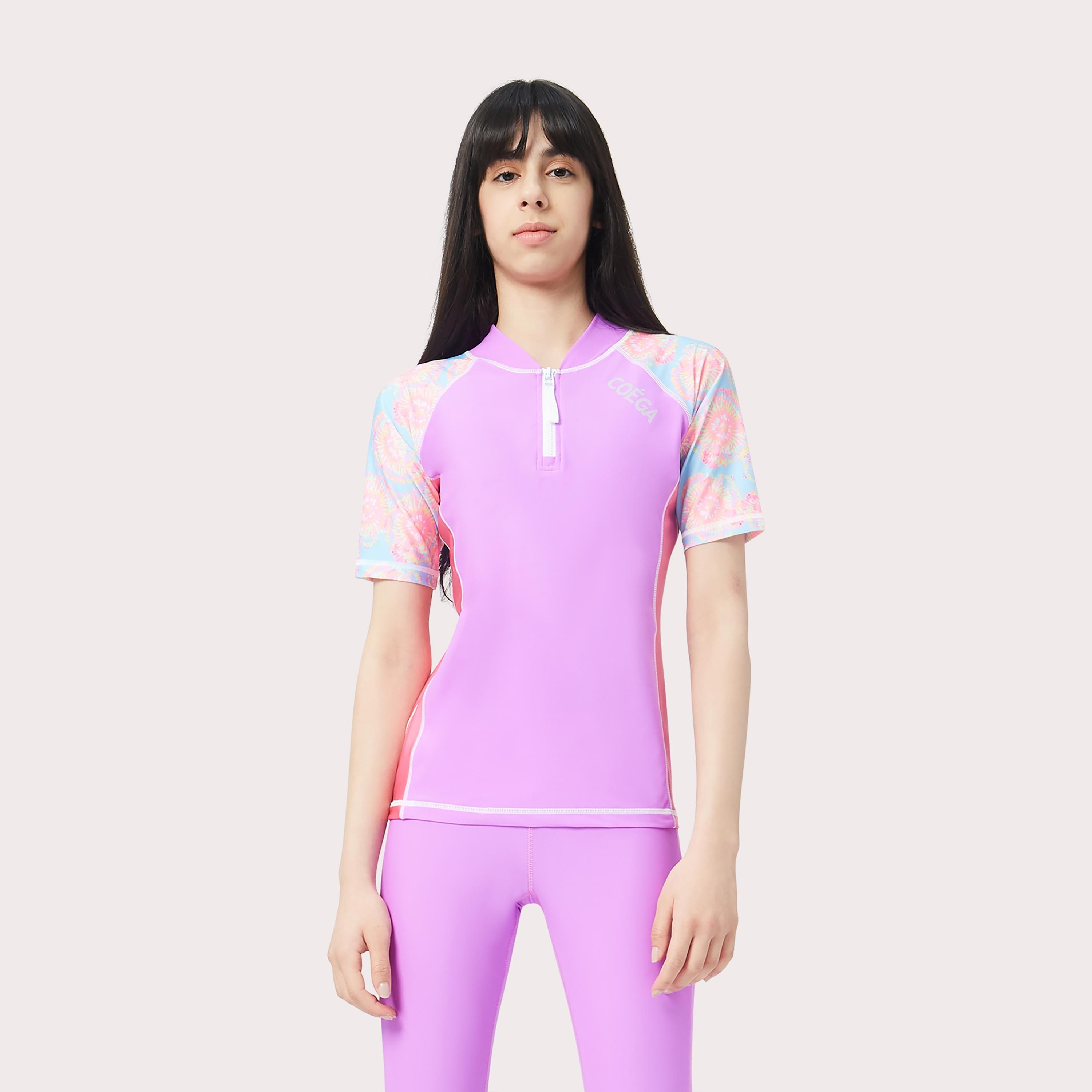 COEGA Sunwear Girls Youth Rashguard كم قصير، صبغة ربطة عنق زرقاء وردية-sports-gear-swimming-girl-image-1